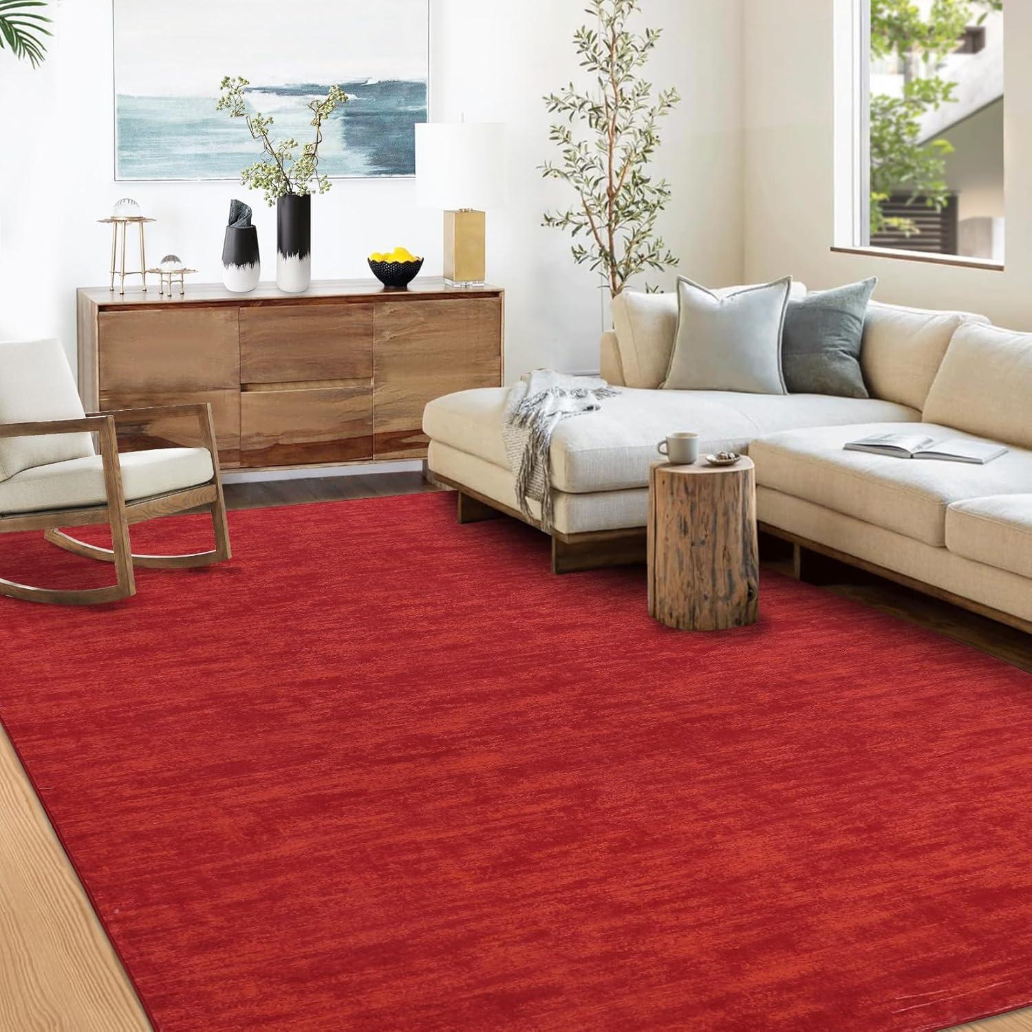 GlowSol 4' x 6' Red Solid Area Rug Soft Low-Pile Non-Slip Modern Machine Washable Area Rug Indoor Carpet for Living Room Bedroom Kids Room