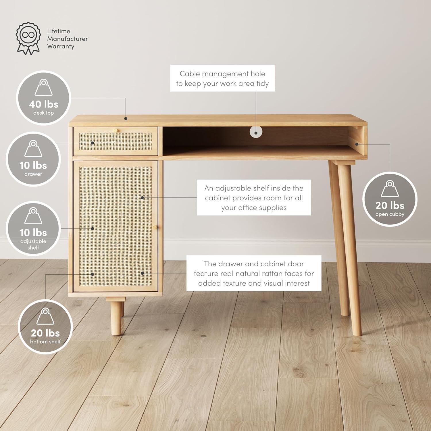 Warm Pine Rattan Desk with Drawer and Storage