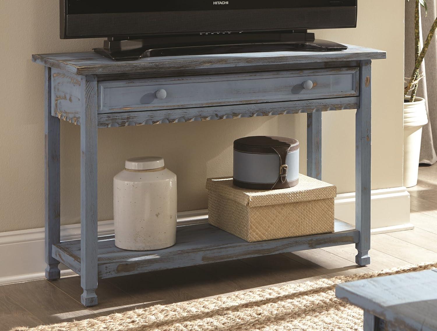 Country Cottage Antique Blue Media Console with Storage Shelf