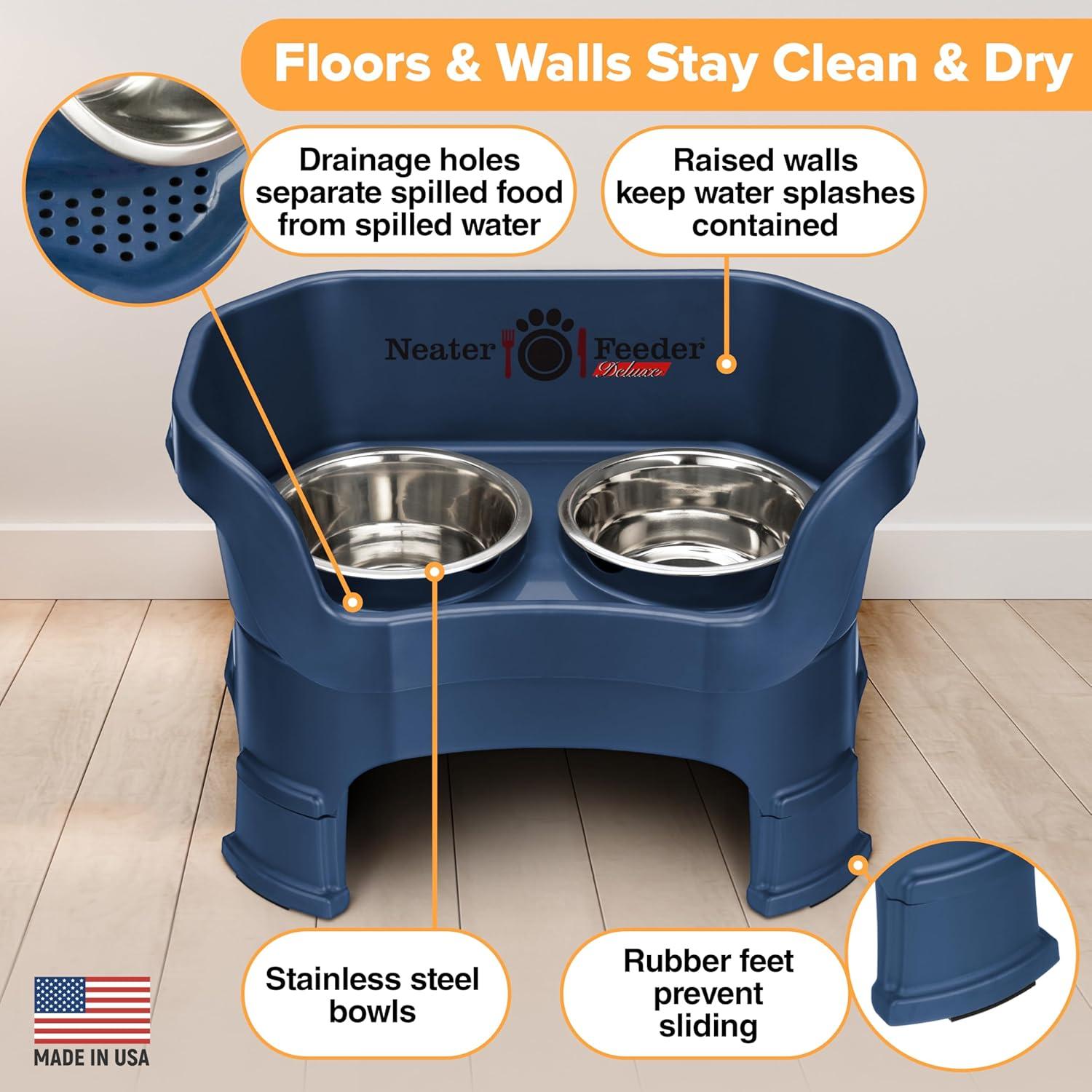 Neater Pets Neater Feeder Deluxe With Leg Extensions Mess-Proof Elevated Food & Water Bowls for Medium Dogs, Dark Blue