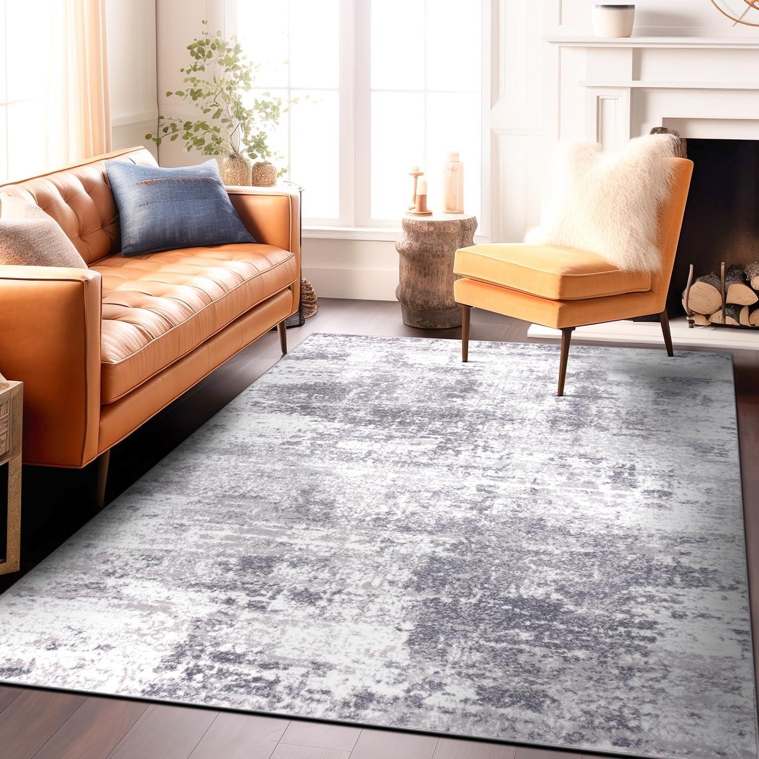 Reversible Distressed Abstract Gray 5' x 7' Synthetic Area Rug