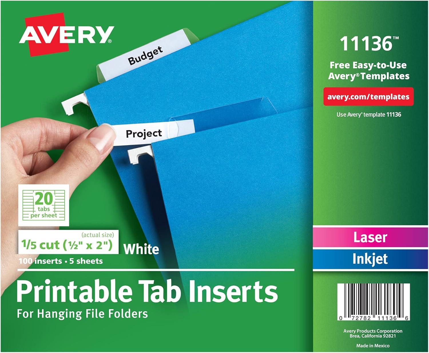 Avery Printable Tab Inserts for Hanging File Folders, 1/5 cut, 100 Pack