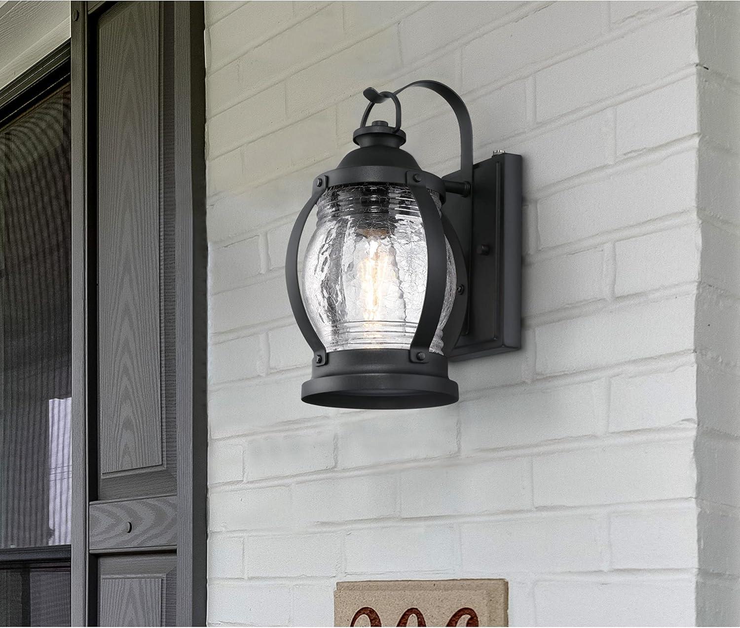 Textured Black Outdoor Wall Light with Clear Crackle Glass