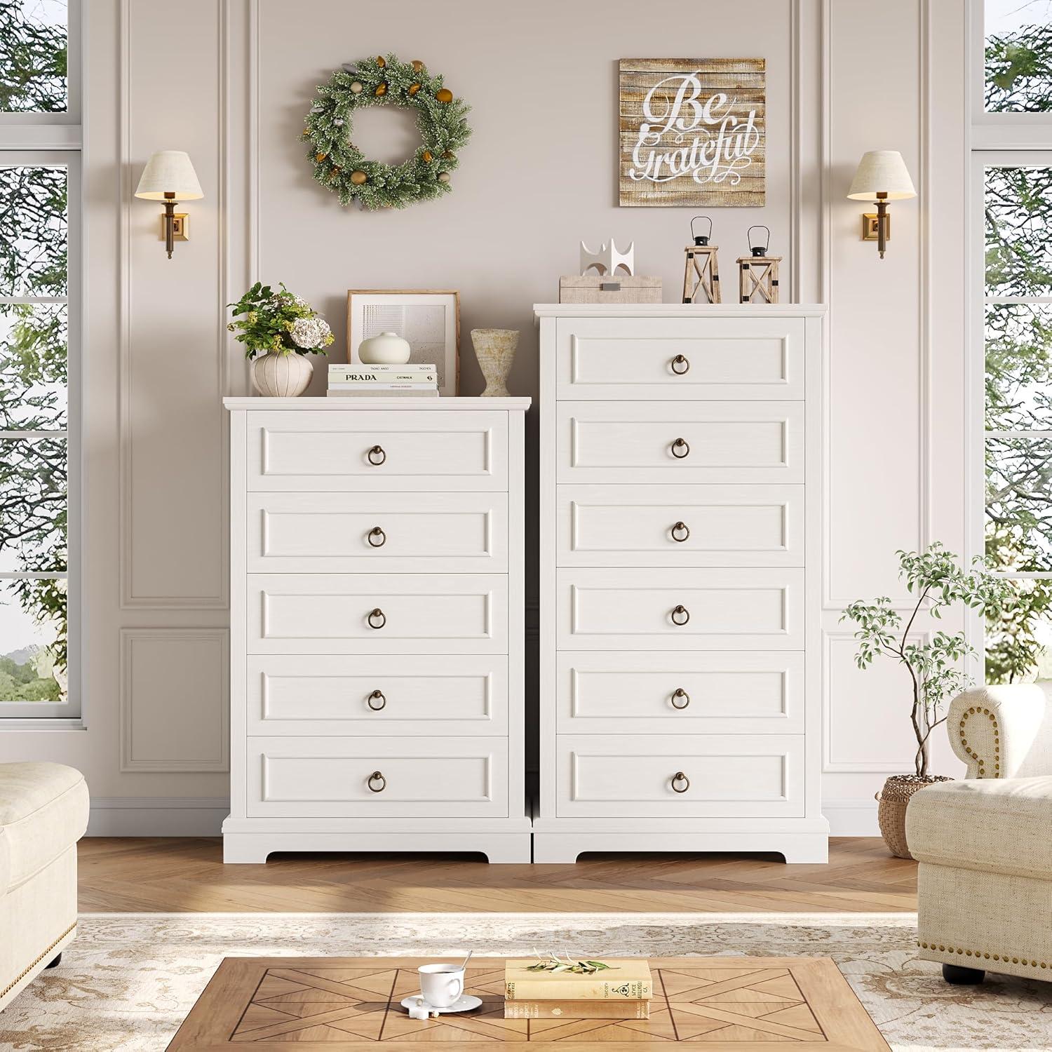 6 Drawer Dresser, 52" Tall Chest of Drawers, Modern Farmhouse Storage Dressers Organizer for Living Room, Hallway, Entryway, Home Office, White