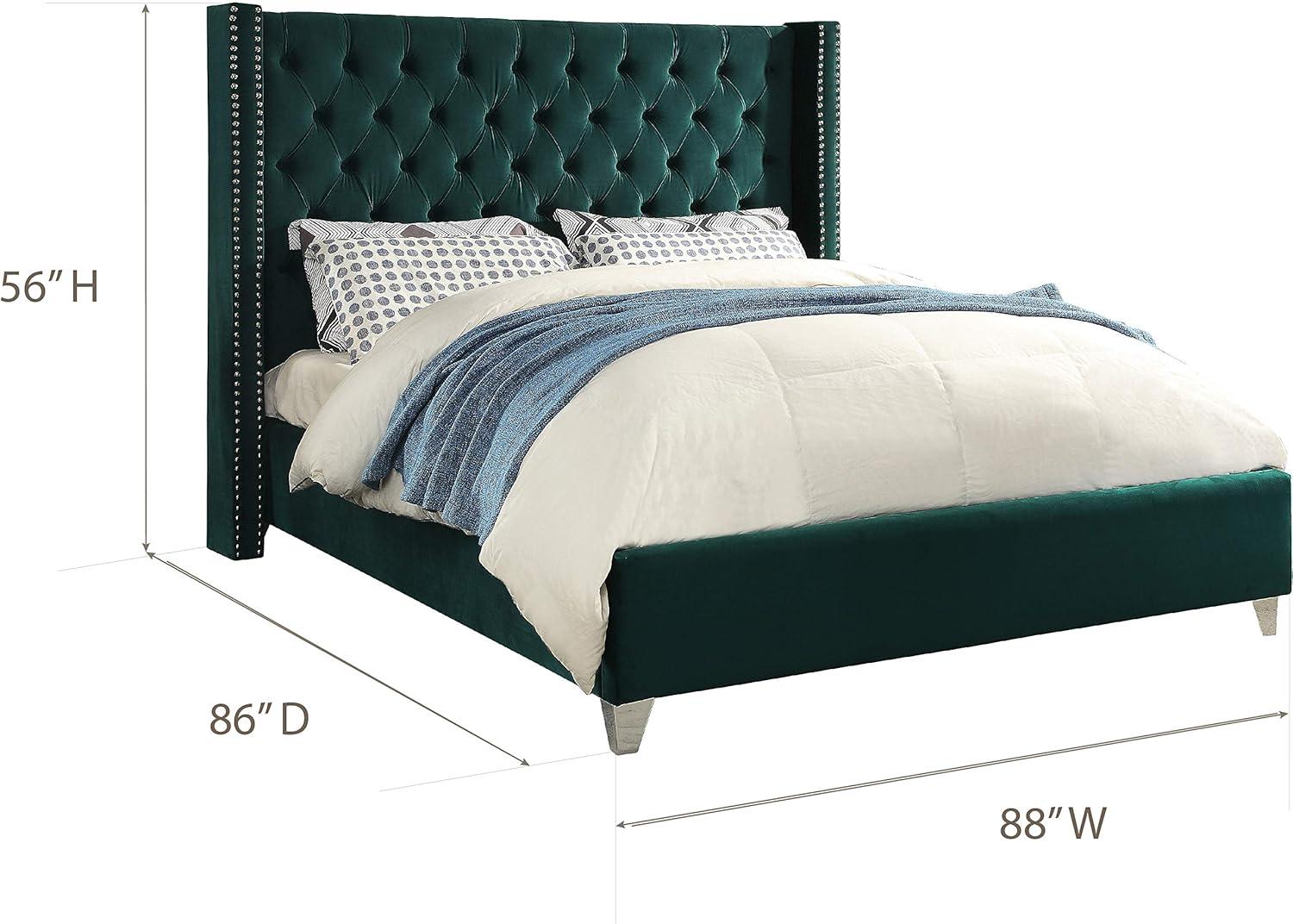 Homestock Gothic Grace Modern Contemporary Velvet Upholstered Bed with Deep Button Tufting, Solid Wood Frame, and Custom Chrome Legs-Color:Green,Size:King