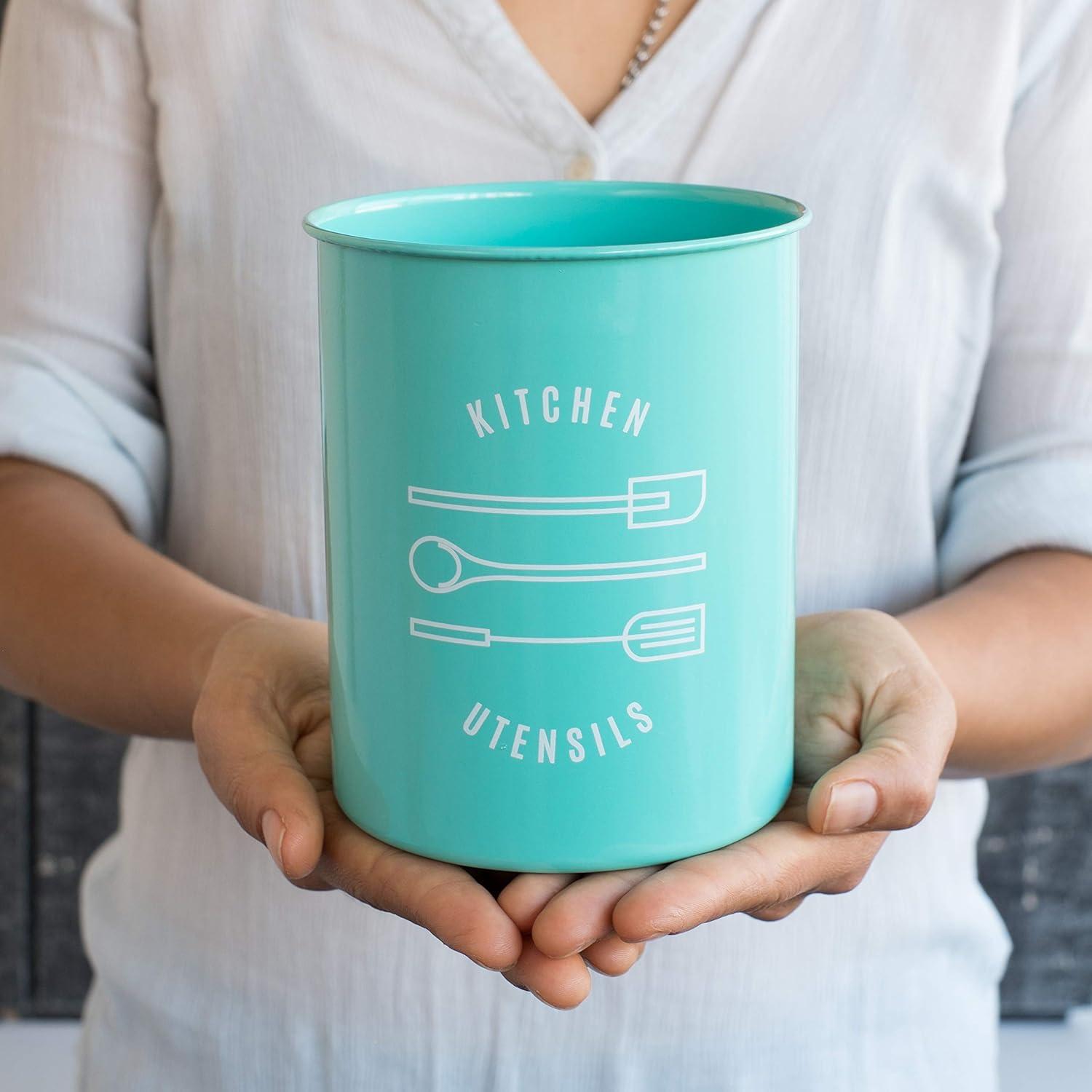 Turquoise Powder-Coated Steel Kitchen Utensil Crock