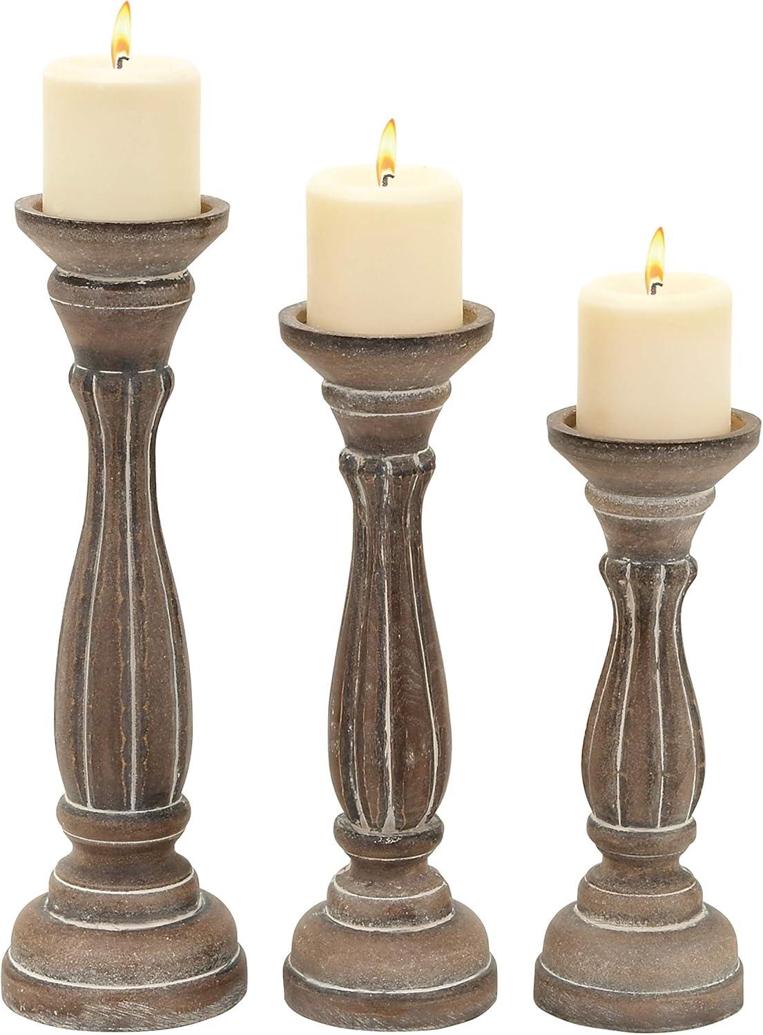 DecMode 3 Candle Brown Wood Candle Holder, Set of 3
