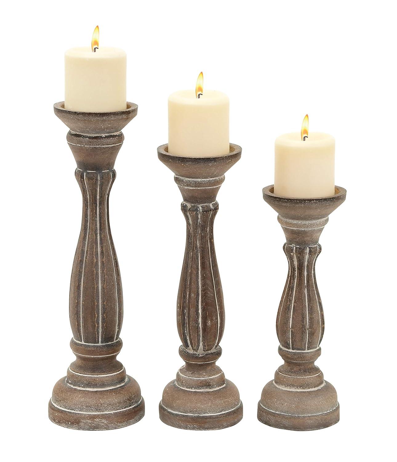 DecMode 3 Candle Brown Wood Candle Holder, Set of 3