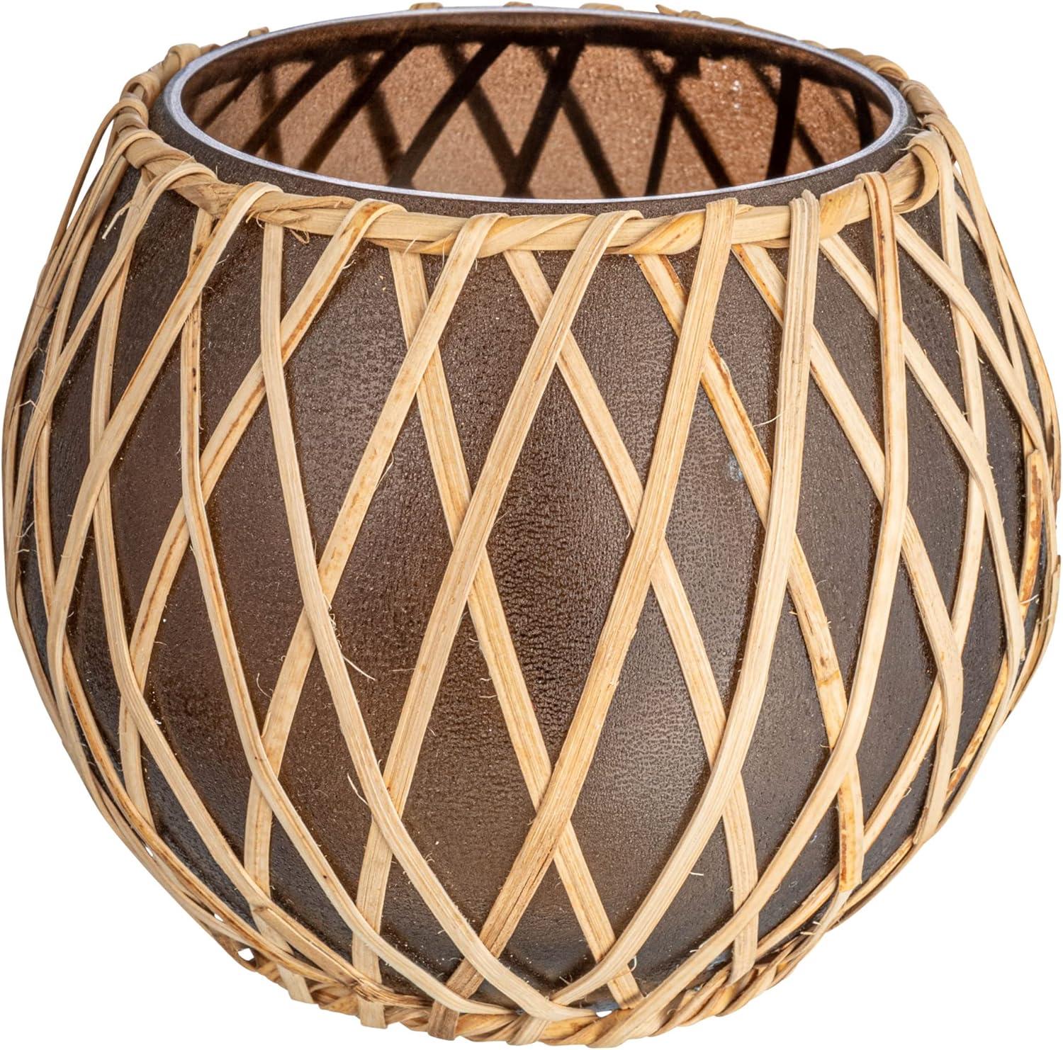 Storied Home Glass Votive Holder with Woven Rattan Sleeve, Brown and Natural