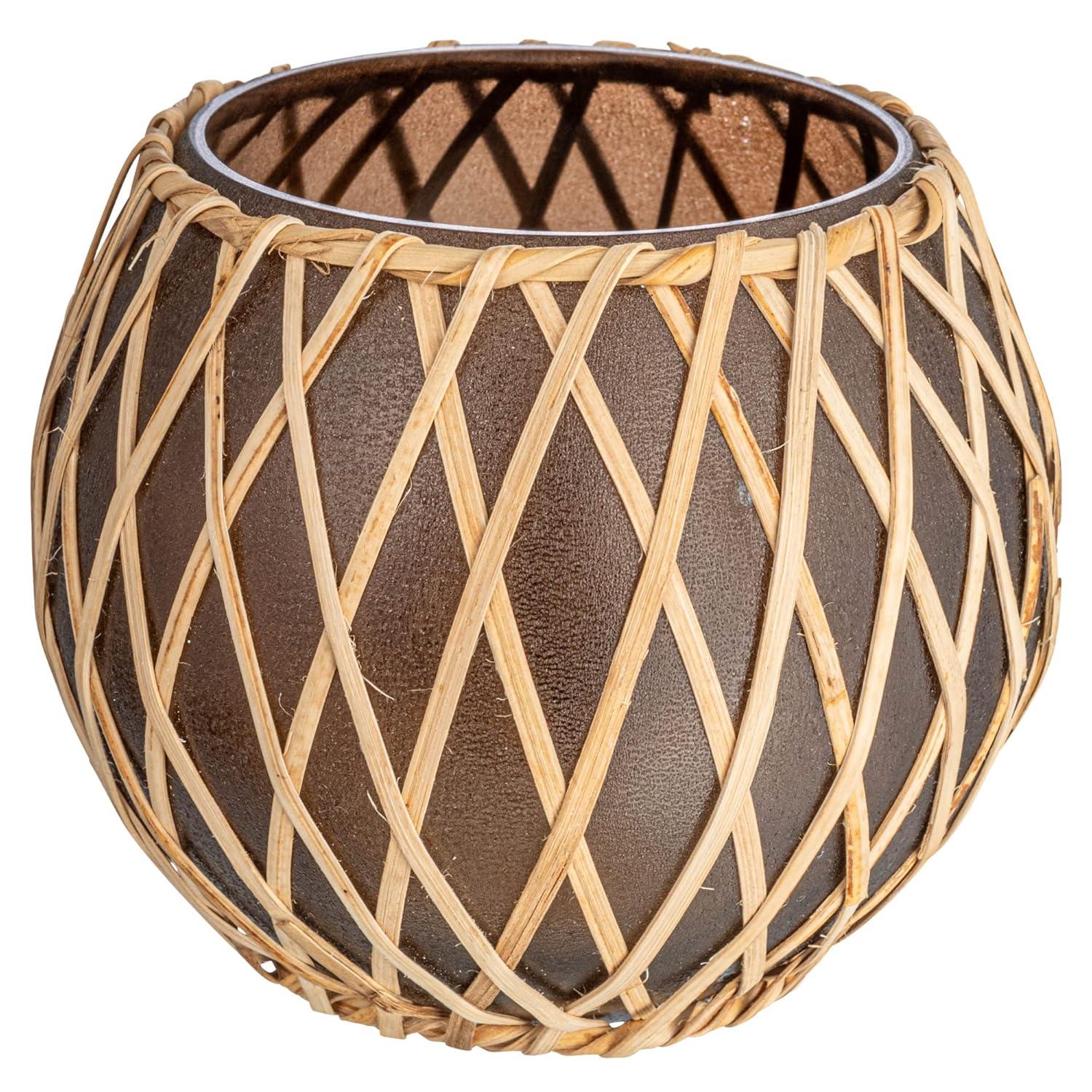 Storied Home Glass Votive Holder with Woven Rattan Sleeve, Brown and Natural