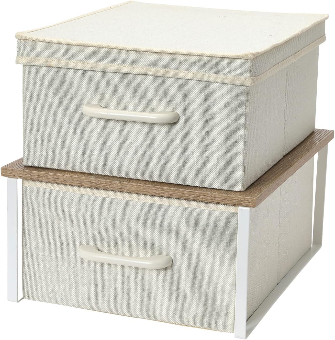 Household Essentials Stacking Storage Boxes with Laminate Top Coastal Oak: MDF Decorative Storage with Lids, Off-White