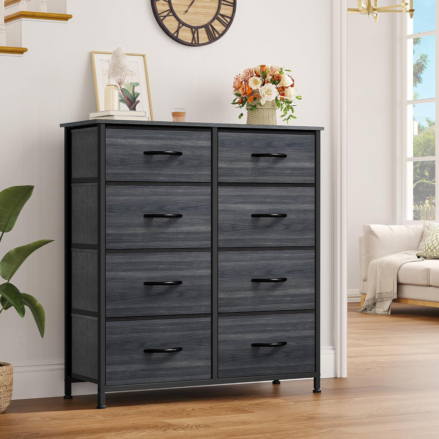 Black Wood Grain 8-Drawer Tall Storage Dresser with Adjustable Feet