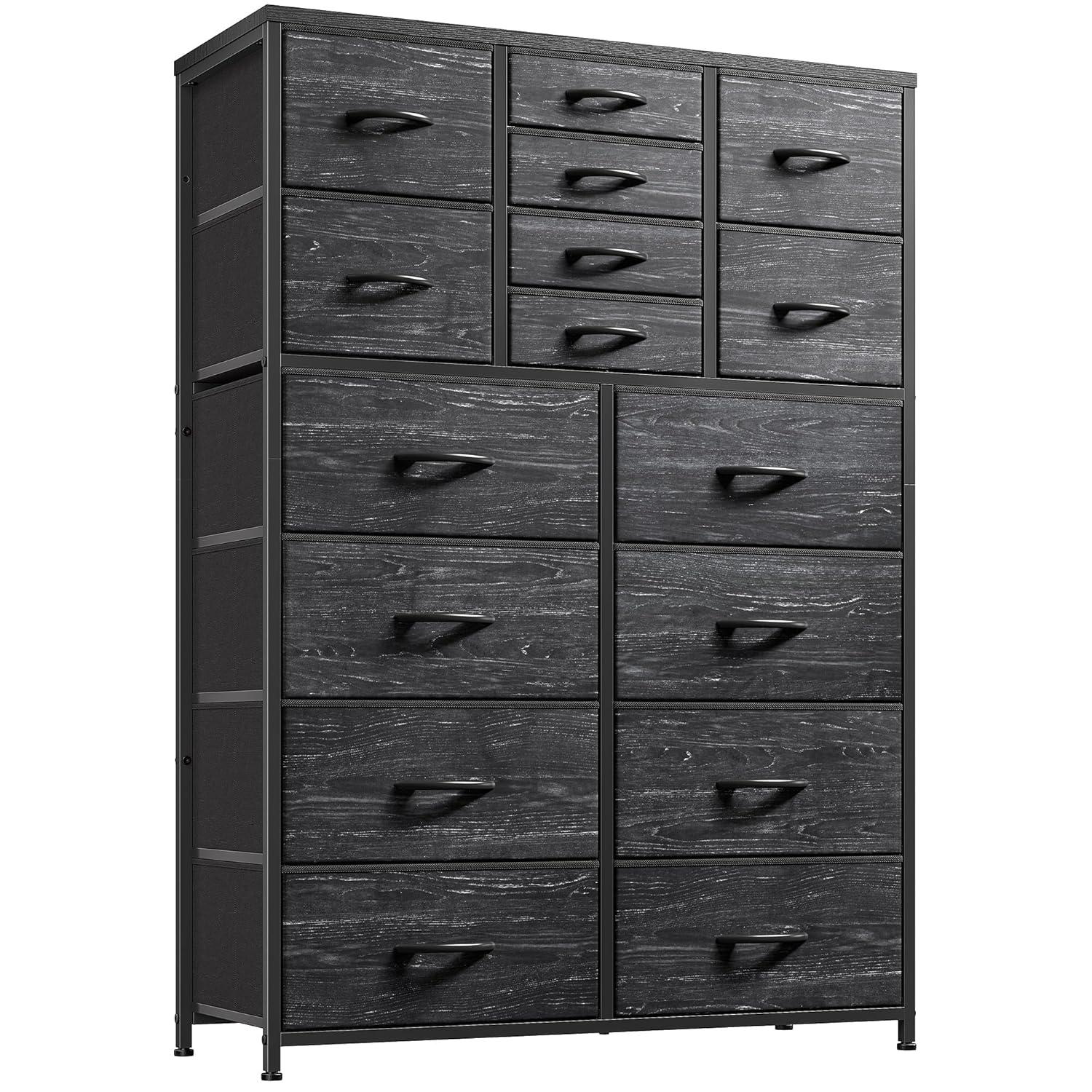 Dresser, Black Dresser, Wood Top, Metal Frame High Dresser and Chest of Drawers for Bedroom and Entryway, Bedroom High Dresser with 16 Drawers, Black