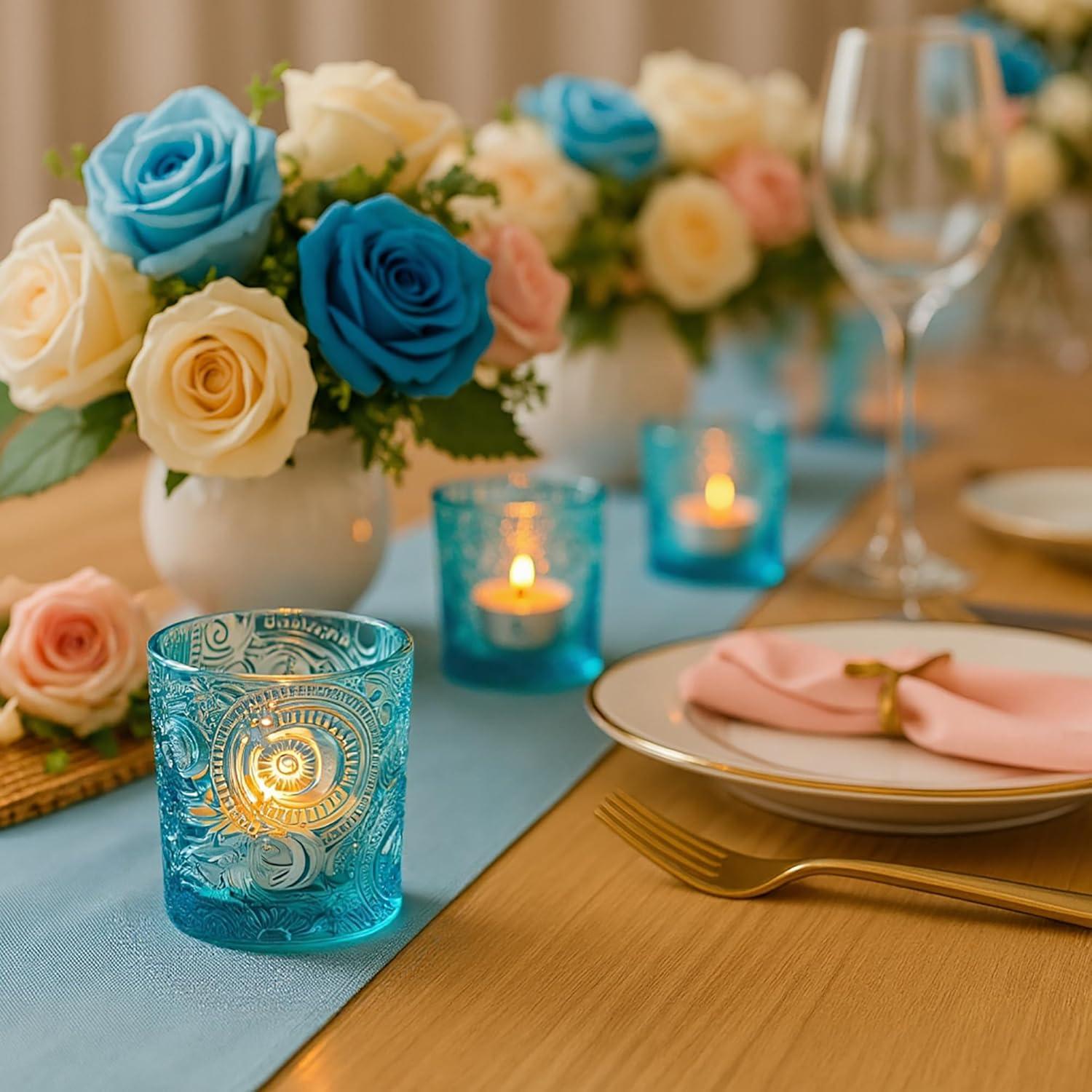 6 Pack Sun Moon Star Embossed Glass Tea Light Candle Holders - Votive Candle Holders for Wedding, Party, Home Decor, and Table Centerpieces (Aqua Blue)