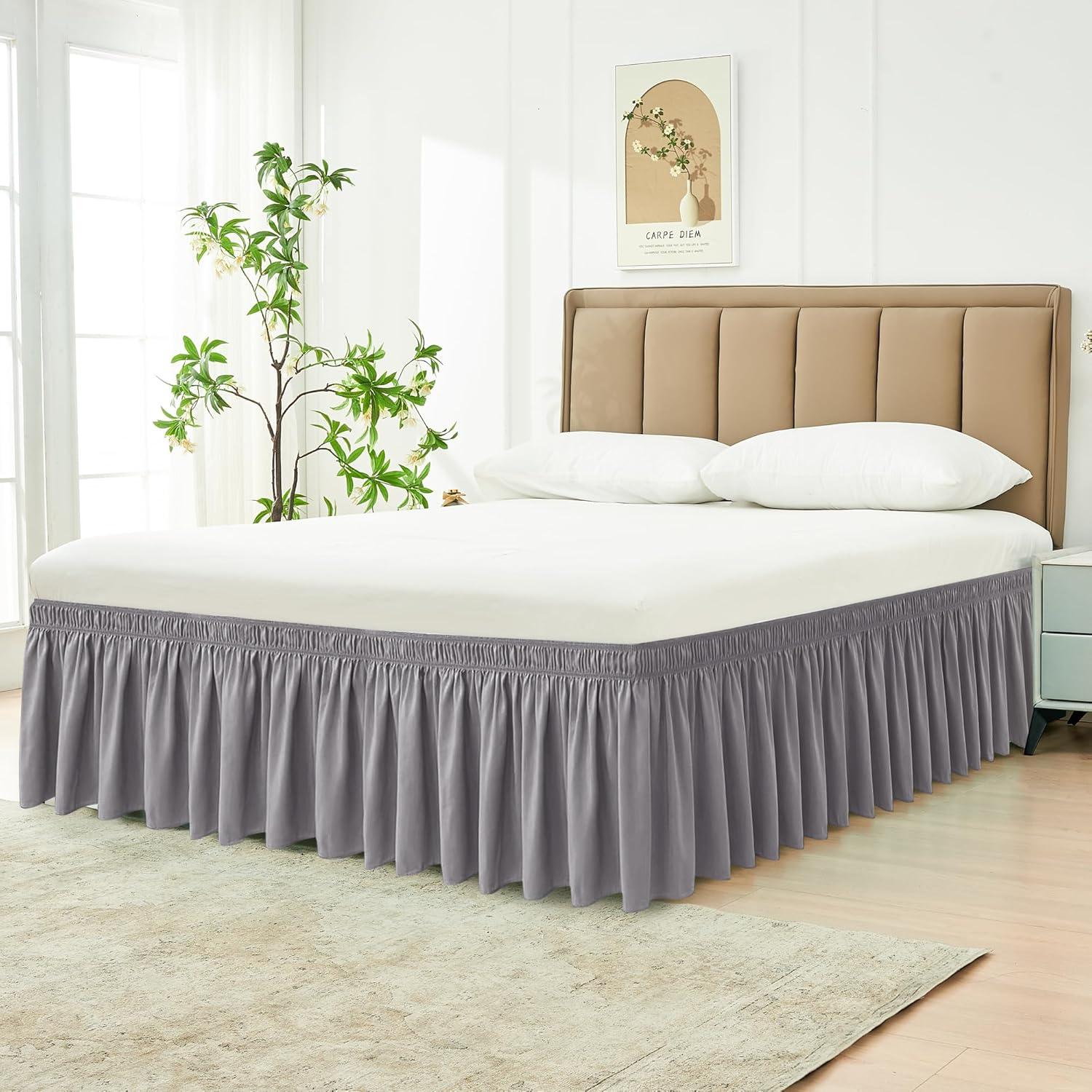 Queen Silver Grey Polyester Elastic Bed Skirt with Ruffles