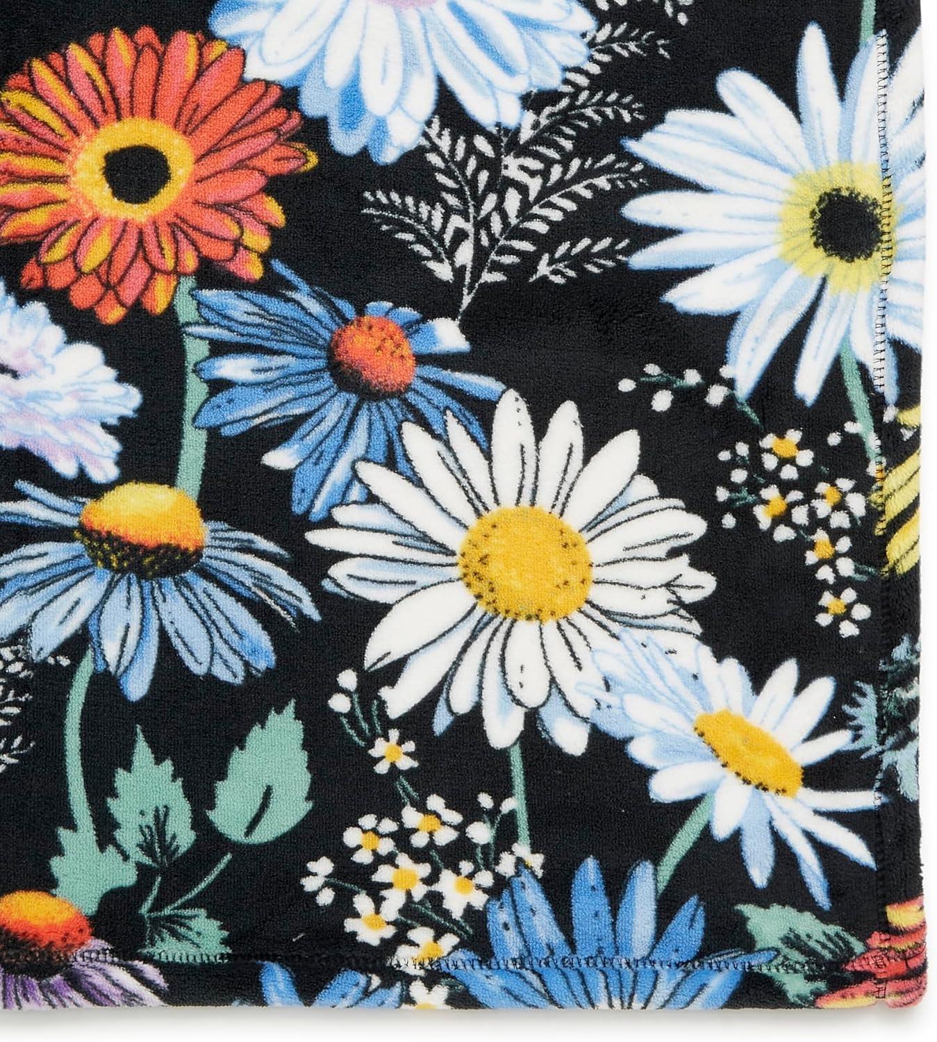 Oversized Black Floral Fleece Plush Throw Blanket