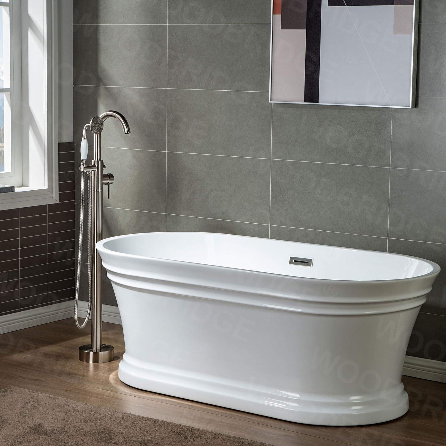 Woodbridge 59'' Freestanding White Acrylic Soaking Bathtub with Brushed Nickel Drain