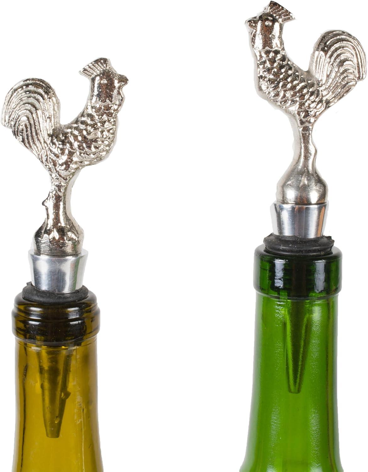 Silver Rooster Metal Wine Bottle Stoppers, Set of 2