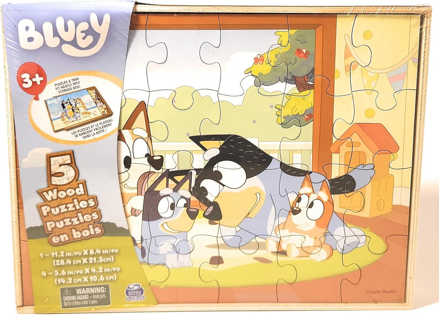 Bluey, 5 Wood Puzzles Jigsaw Bundle with Tray, for Kids Ages 3 and up