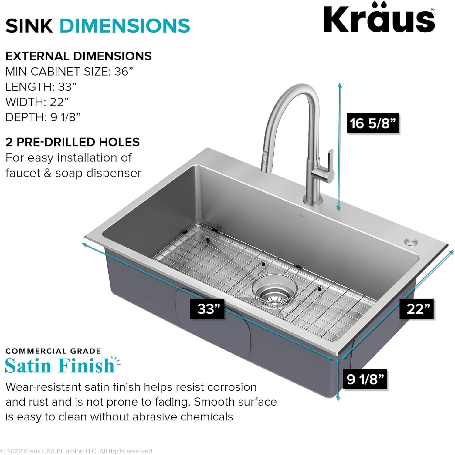 KRAUS Standart PRO 33” Drop In / Undermount Single Bowl 18-Gauge Stainless Steel Kitchen Sink And Pull Down Faucet In Spot-Free Stainless Steel