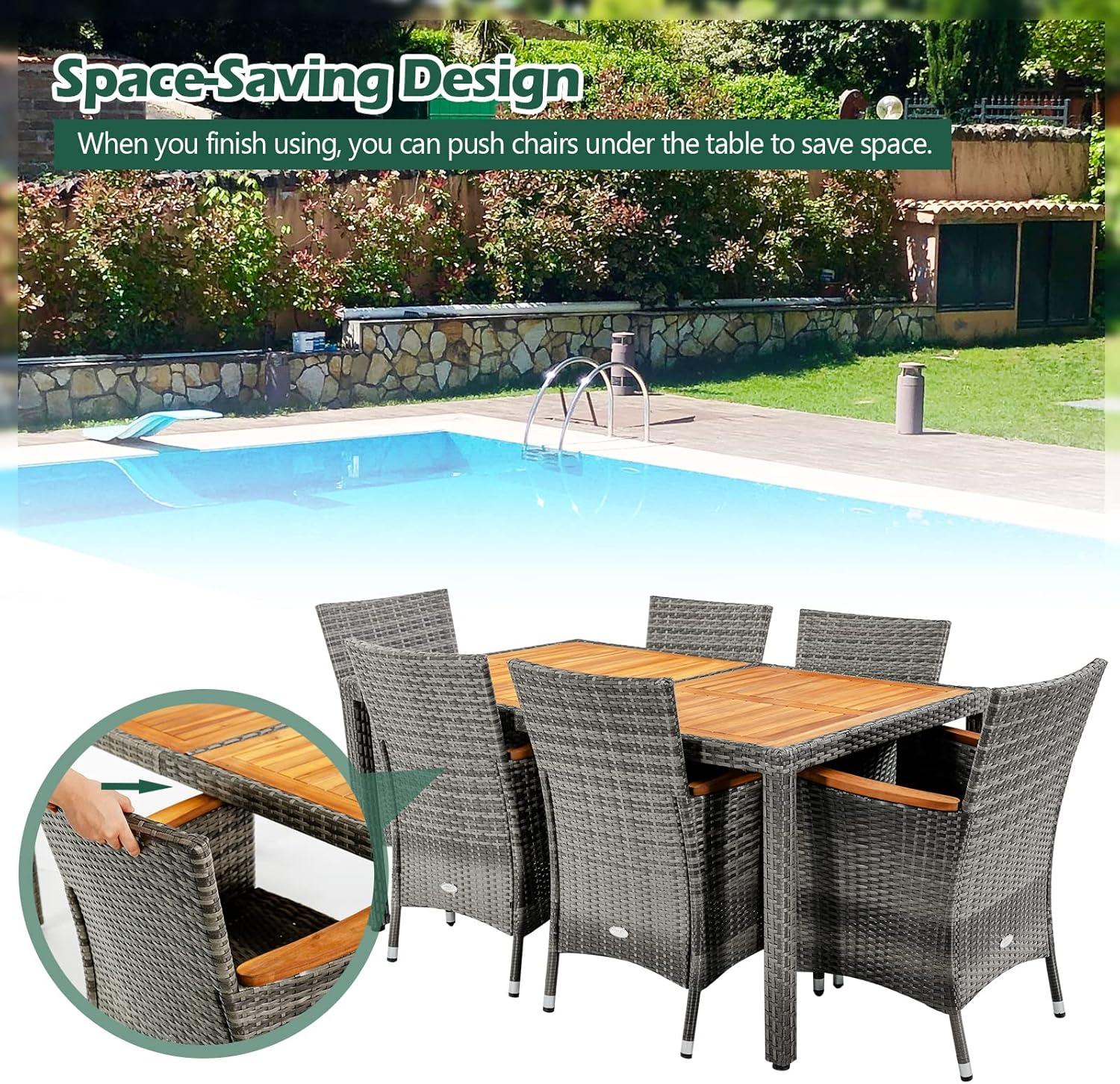 Tangkula 7PCS Patio Rattan Furniture Set Outdoor Conversation Set w/Cushions Acacia Wood Table