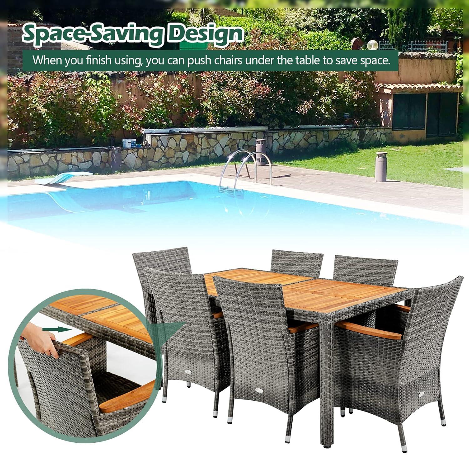 Tangkula 7PCS Patio Rattan Furniture Set Outdoor Conversation Set w/Cushions Acacia Wood Table