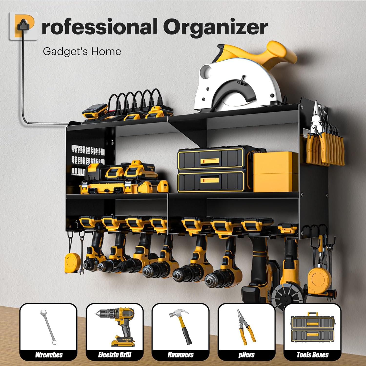 Spampur Power Tool Organizer Wall Mount with Charging Station, Garage Tool Shelf 6 Drill Holders, Tool Battery Holder with Plier holder Heavy Duty Rack, Tool Storage Rack with 4 Outlet Power Strip