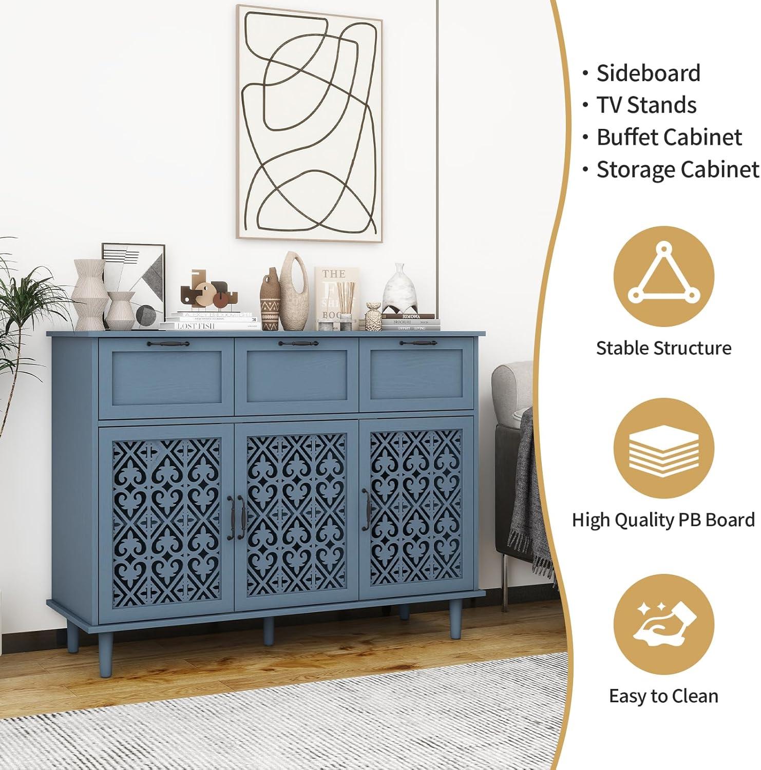 Lunale 47.24" Retro Hollow-Carved 3 Door 3 Drawer Cabinet, Storage Sideboard Buffet Accent Cabinet for Living Room, Lake Blue