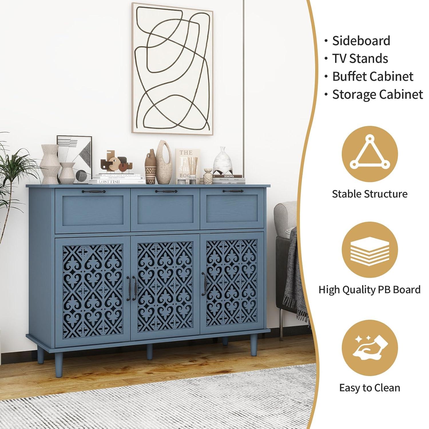 Sideboard Buffet Cabinet with Storage - Accent Storage Cabinet with Hollow Carved Pattern, Modern 2 Door 3 Drawer Cabinet, Farmhouse Wood Credenza for Living Room, Dining Room (Blue)