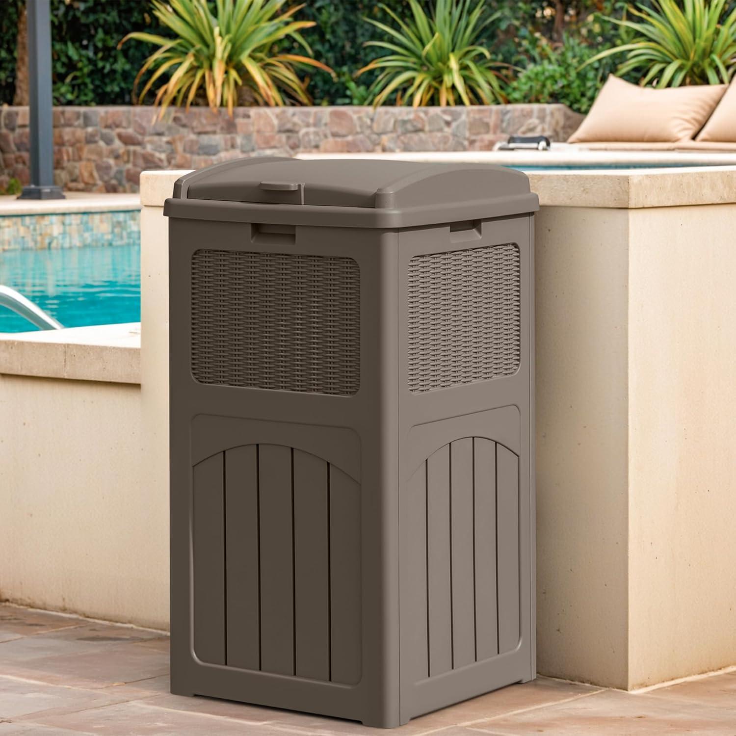 Light Brown Resin Waterproof Outdoor Trash Can with Lid