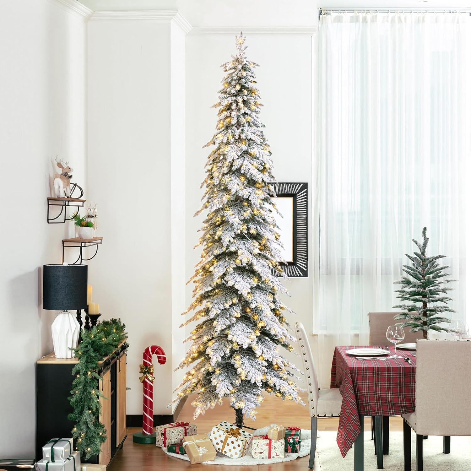 11ft Warm White Pre-Lit Flocked Narrow Spruce Christmas Tree