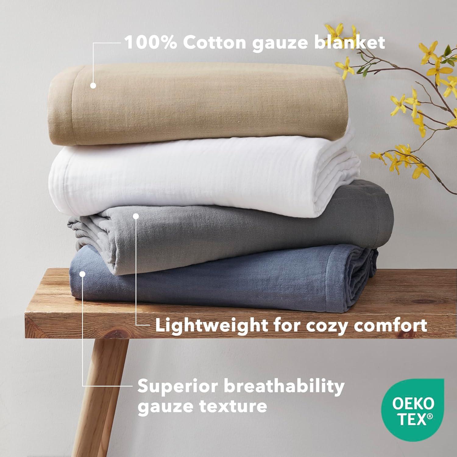Madison Park Gauze 100% Cotton Lightweight Soft Cotton Blanket, Full/Queen Blanket in Tan