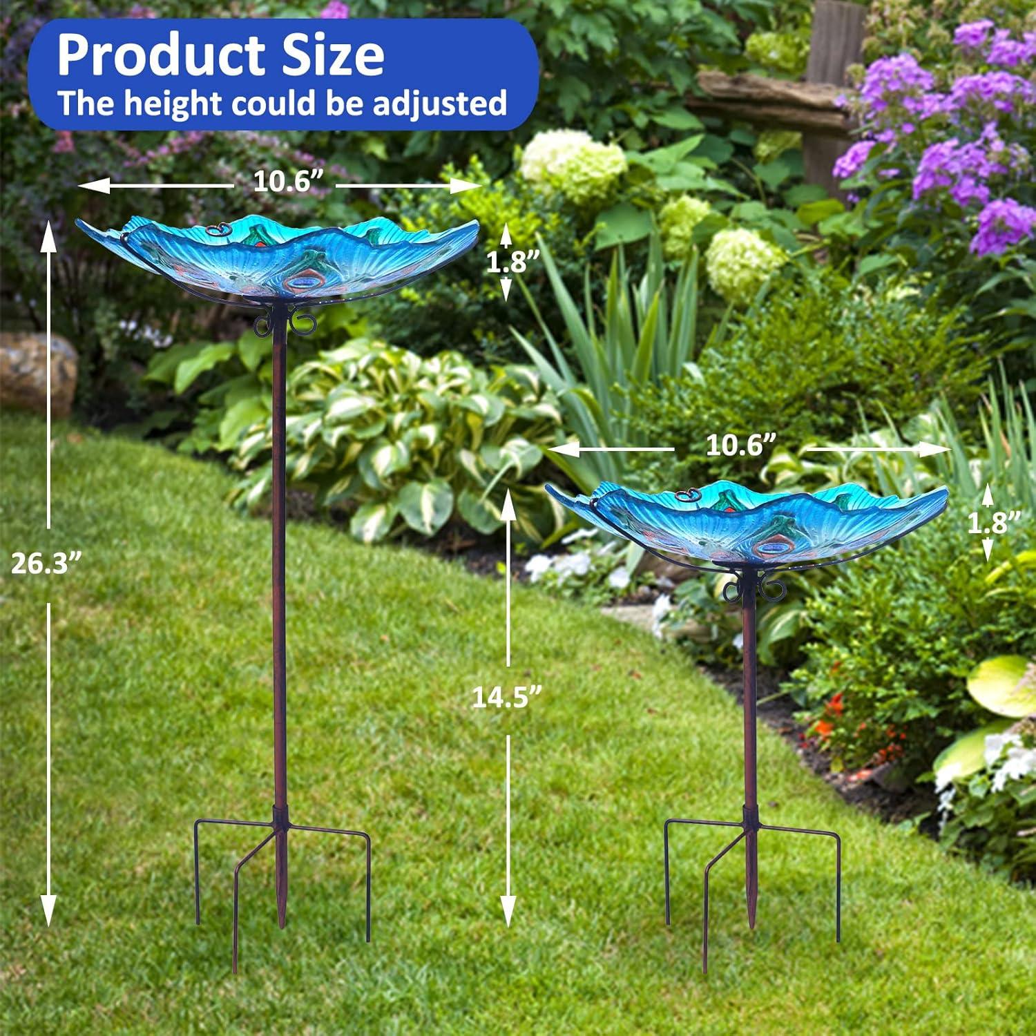 Evergreen Garden 2GB209 11 Inch Peacock Glass Bird Bath Bowl with Metal Stake