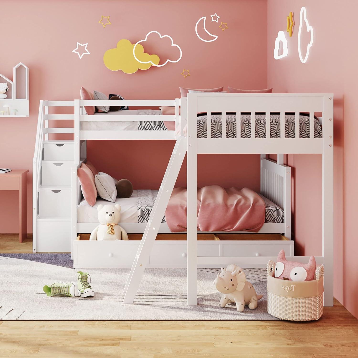 L Shaped Bunk Bed for 3, Triple Bunk Bed with 3 Drawers and Storage Stairs, Twin Over Full Bunk Bed & Twin Size Loft Bed, Wood Corner Beds for Kids, Teens, Adults. No Box Spring Needed(White)