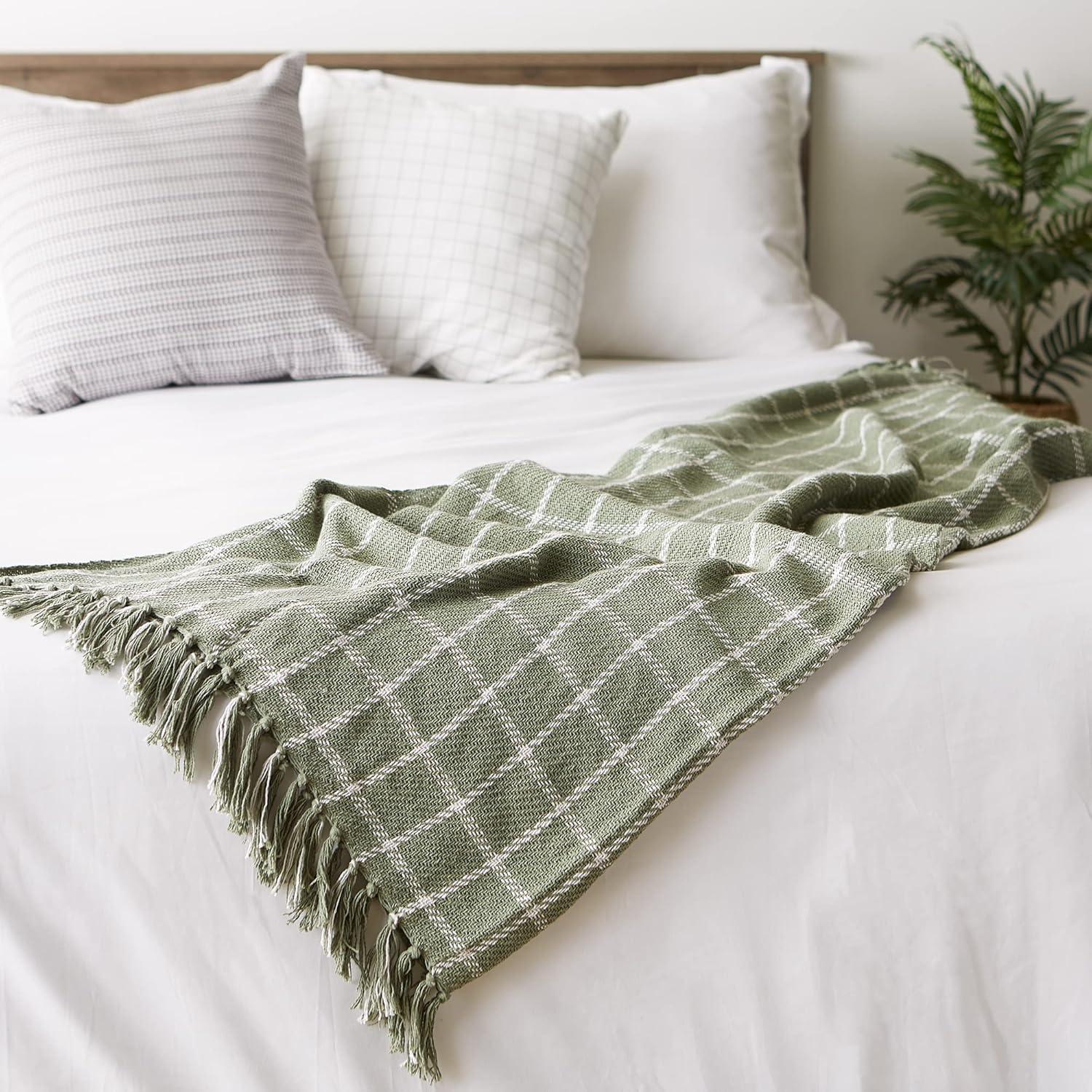 Artichoke Green Cotton Checked Plaid Cozy Throw, 50x60