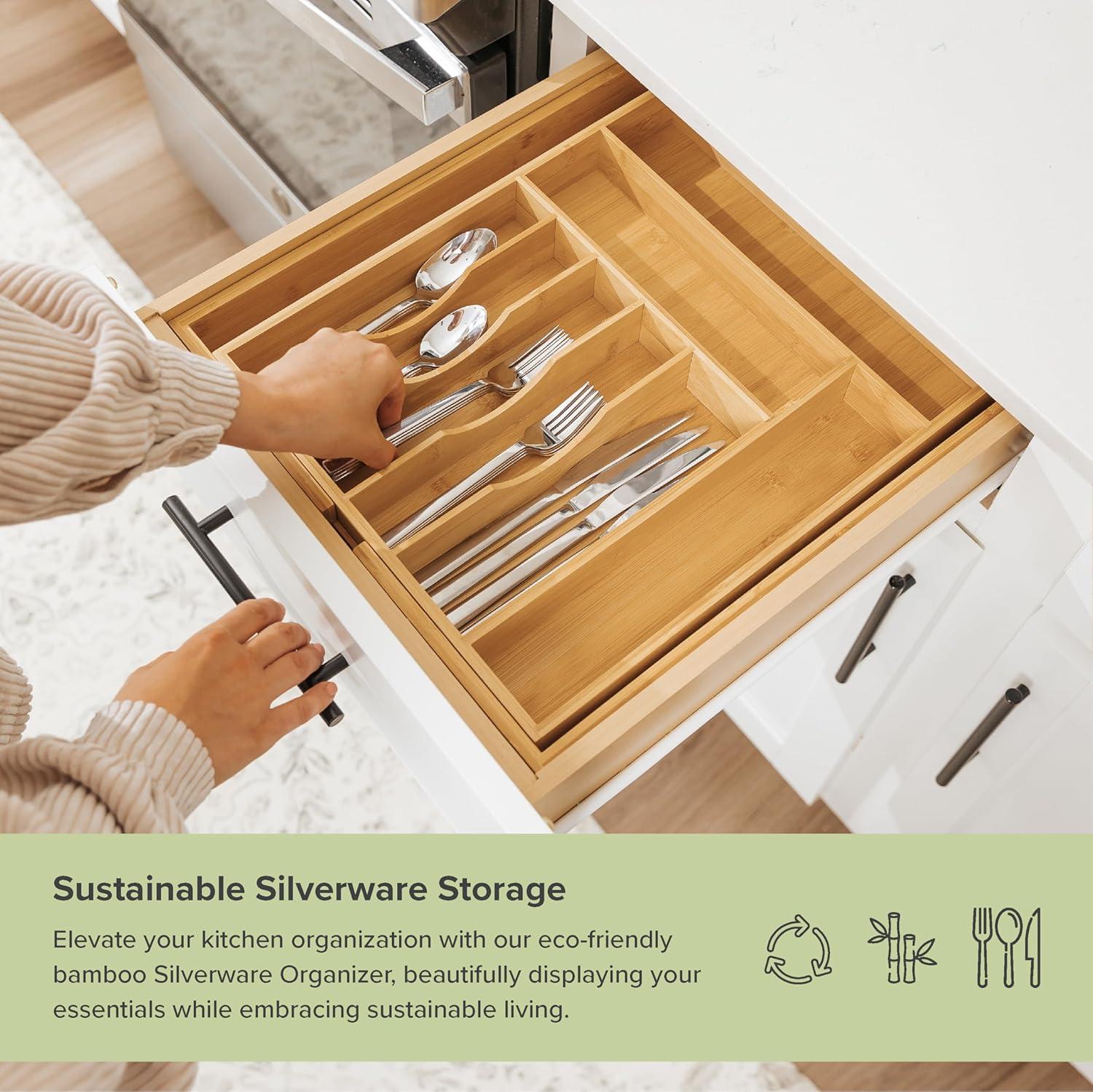 Premium Silverware, Flatware and Utensil Organizer for Kitchen Drawers, Expandable from 14 to 25 Inches Wide, 10 Compartments, 100% Bamboo Von 35 cm bis 63 cm Breite