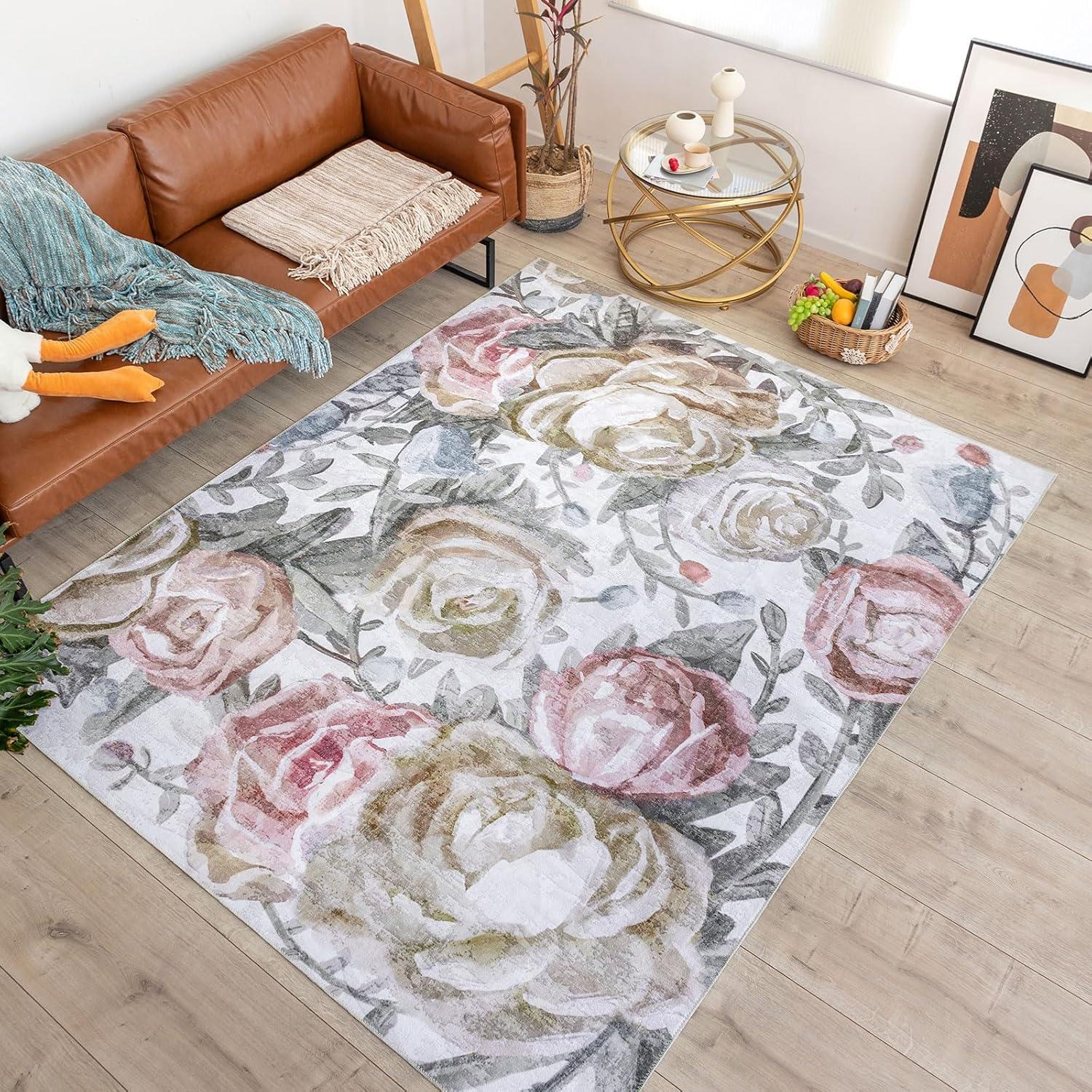 Jasmine Modern Flower Design Machine Washable Area Rug Pink/Yellow/Ivory Multi