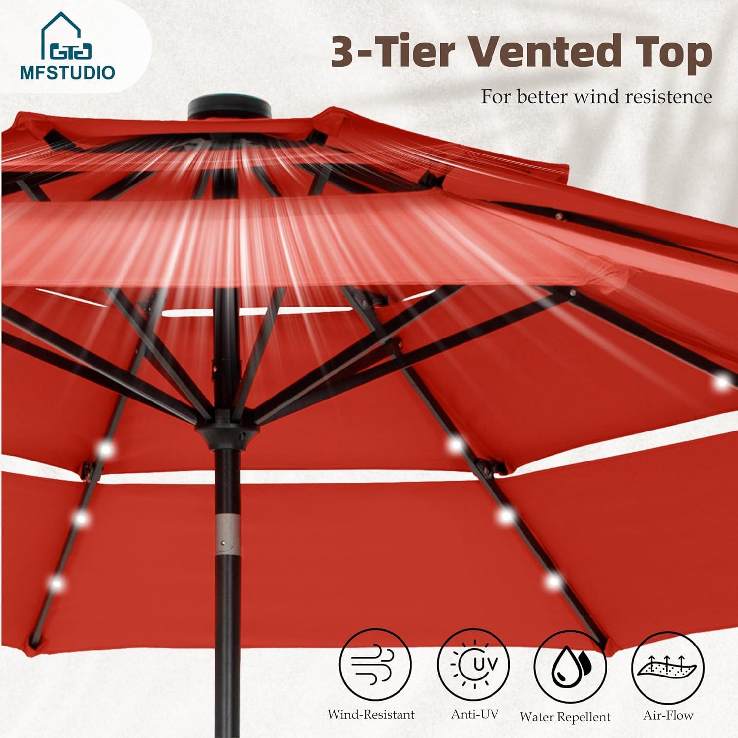 10ft Orange Red Polyester 3-Tier Vented Patio Umbrella with Auto-Tilt