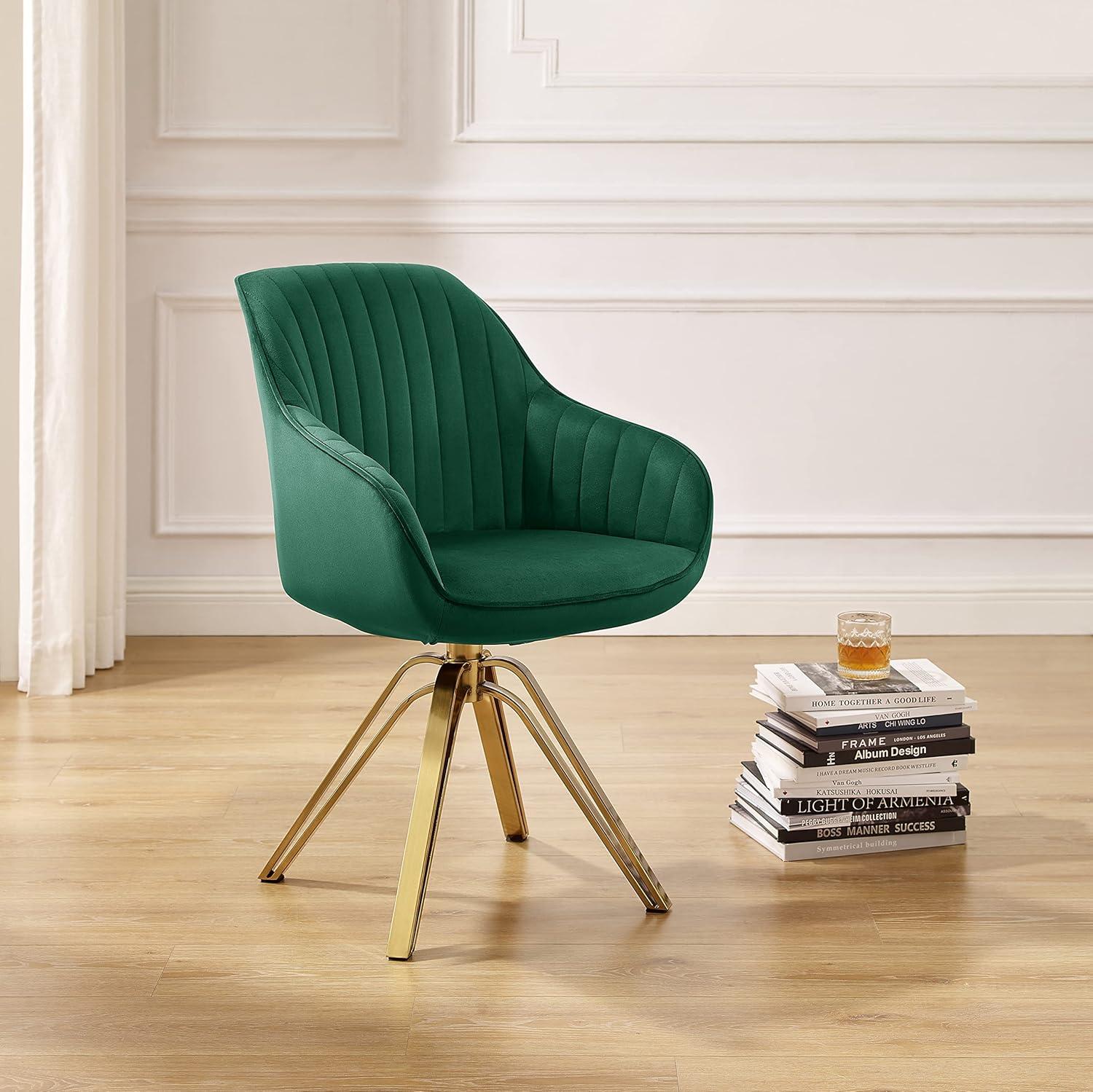 23 in. Green Velvet & Gold Swivel Arm Chair