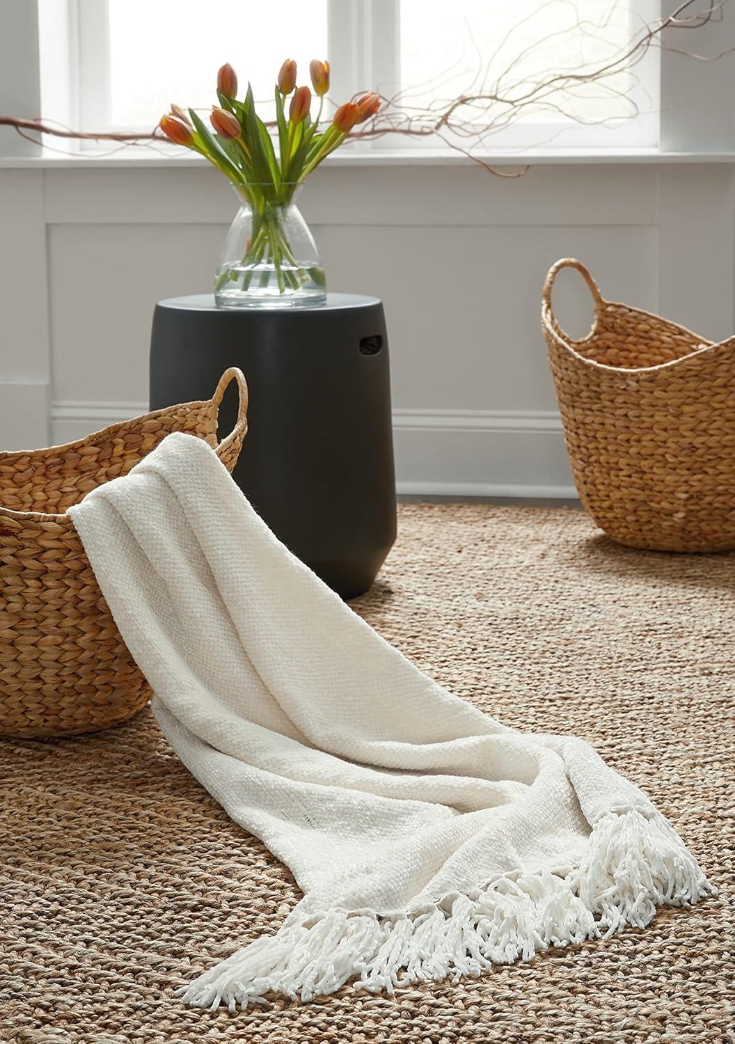 Cream Knotted Fringe Woven Polyester Throw Blanket