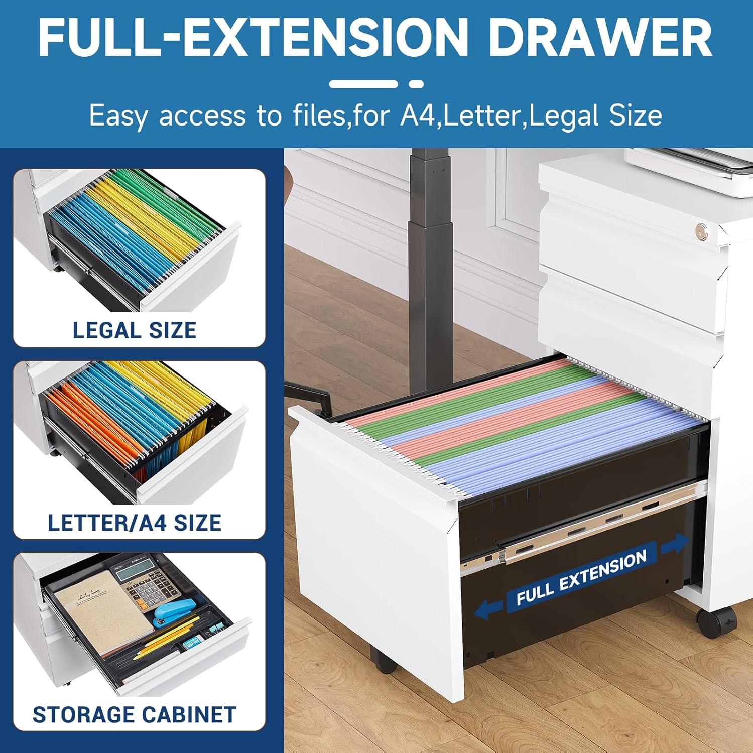 3 Drawer Mobile File Cabinet with Lock, Rolling File Cabinets for Home Office, Under Desk Small File Caninet on wheels, Metal Vertical White Filing Cabnet for Legal/Letter/A4 - Assembly Required