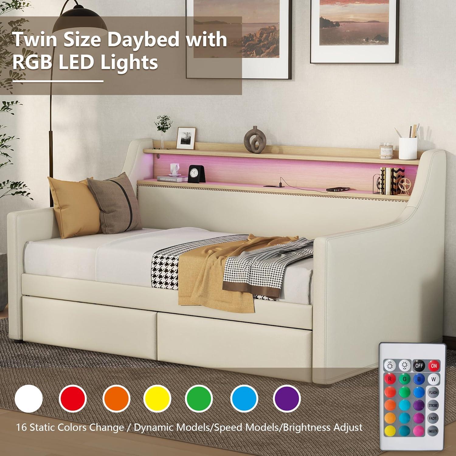 Miekor Muebles Sofá Cama Twin con Cajones de Almacenamiento, Sofá Cama Tapizado con Estación de Carga y Luces Led, Beige (Artículo Antiguo W1580S00022) 00033