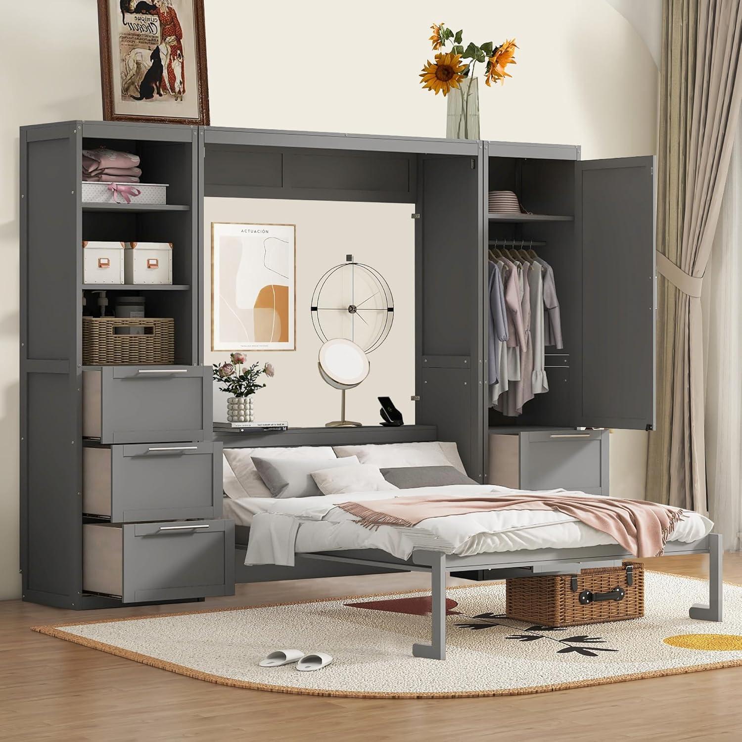 Gray Queen Size Murphy Bed with Drawers and Shelves