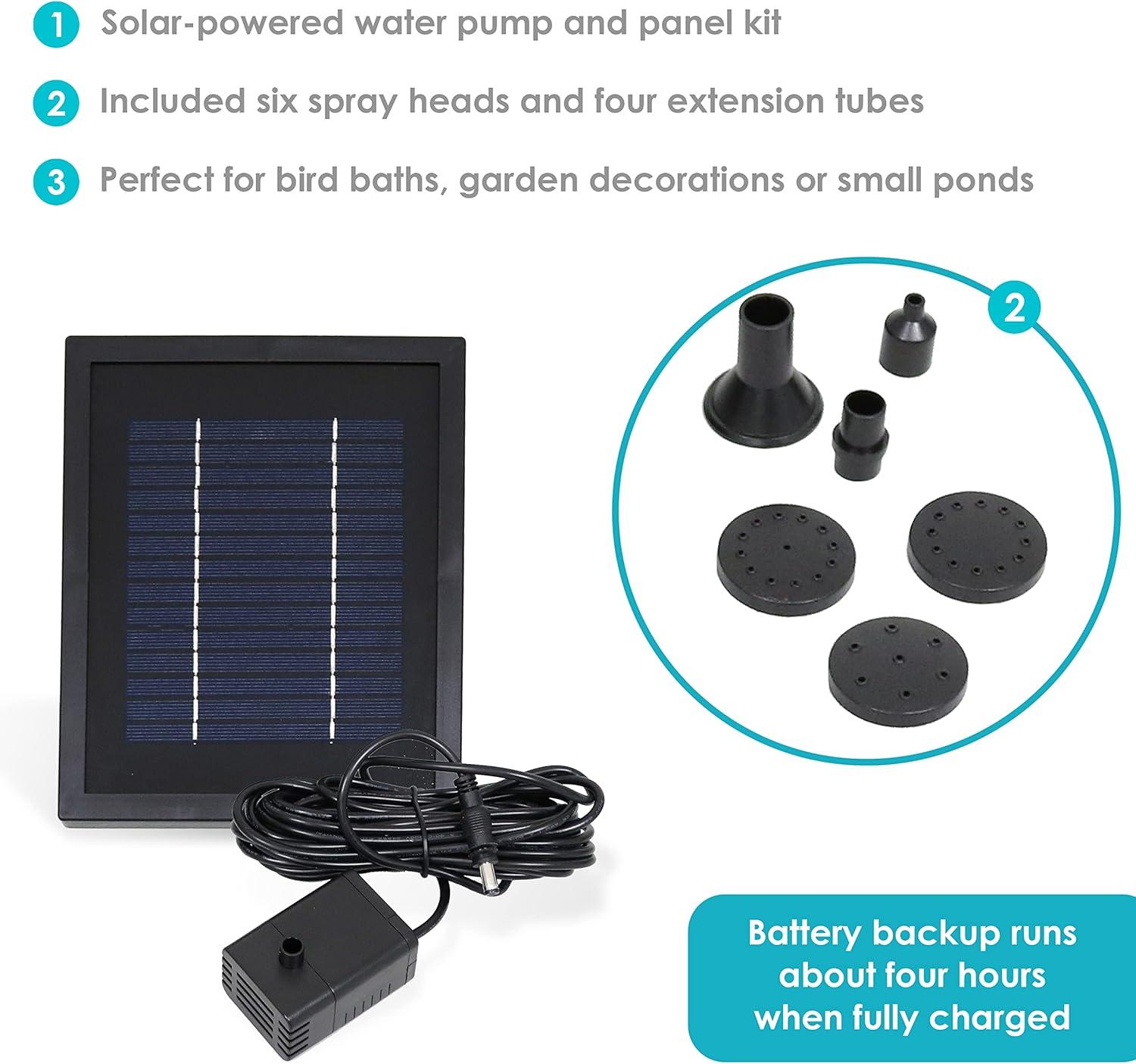 Sunnydaze Outdoor Solar Powered Water Pump and Panel Bird Bath Fountain Kit with Battery Pack and LED Lights - 65 GPH - 47"