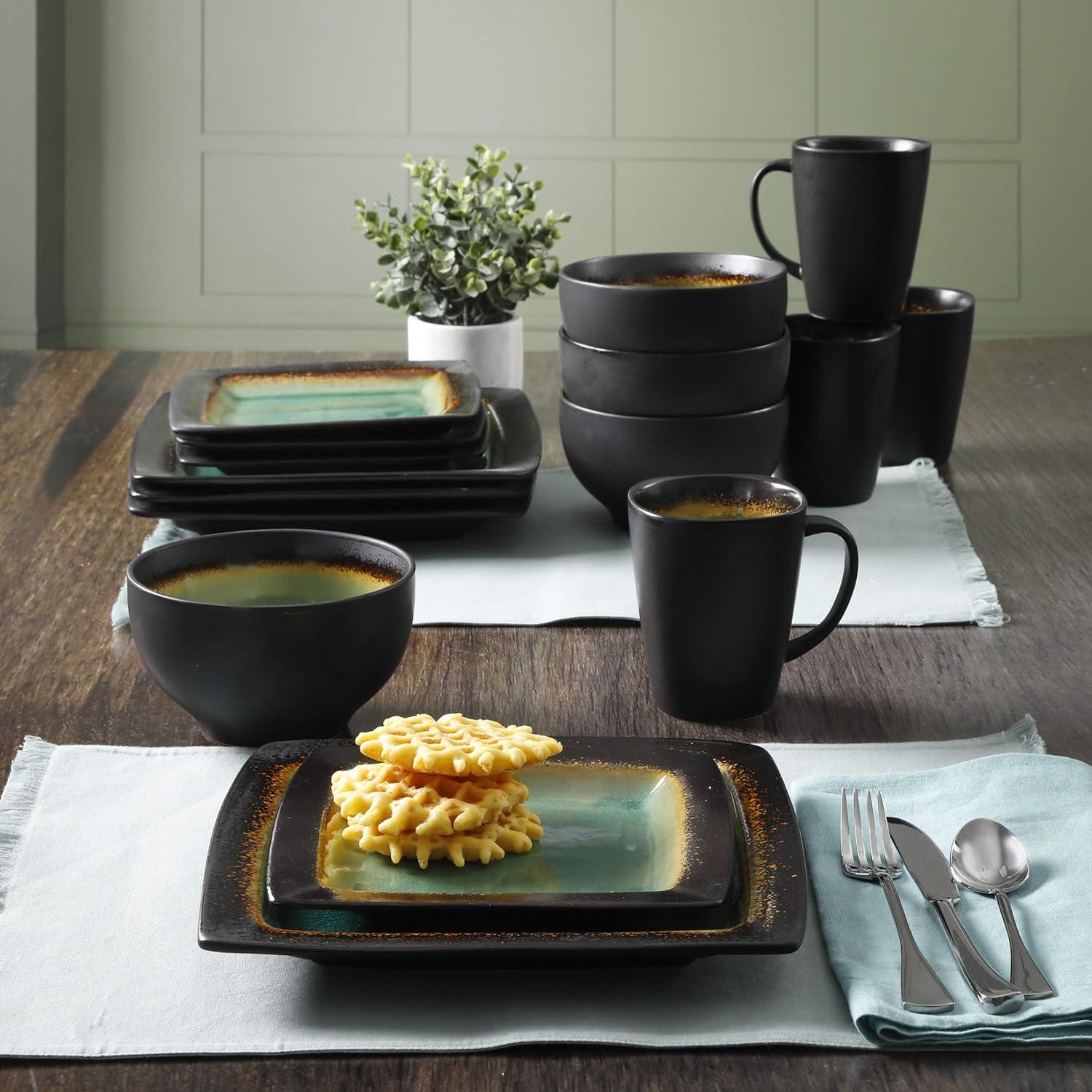 Green and Black Square Ceramic Dinnerware Set, Service for 4