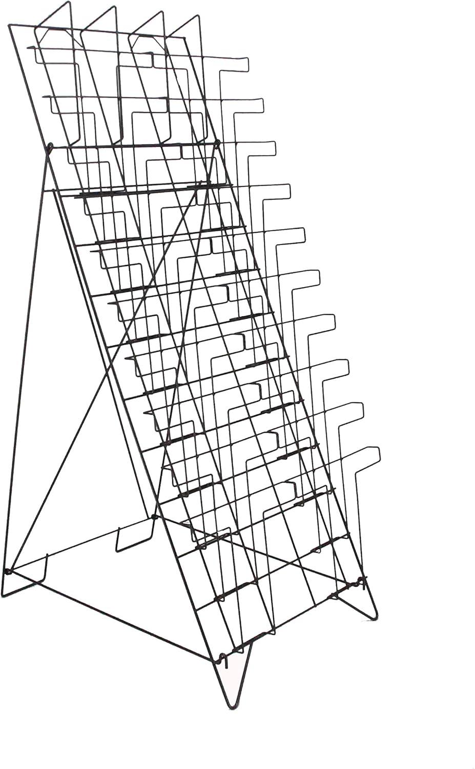 Tiered Black Wire Magazine Rack, 19-1/4"w x 25-1/2"d x 51-1/2"h, Free Standing Floor Fixture With 20 Stacked Pockets, Sign Slot (WRF10T19)