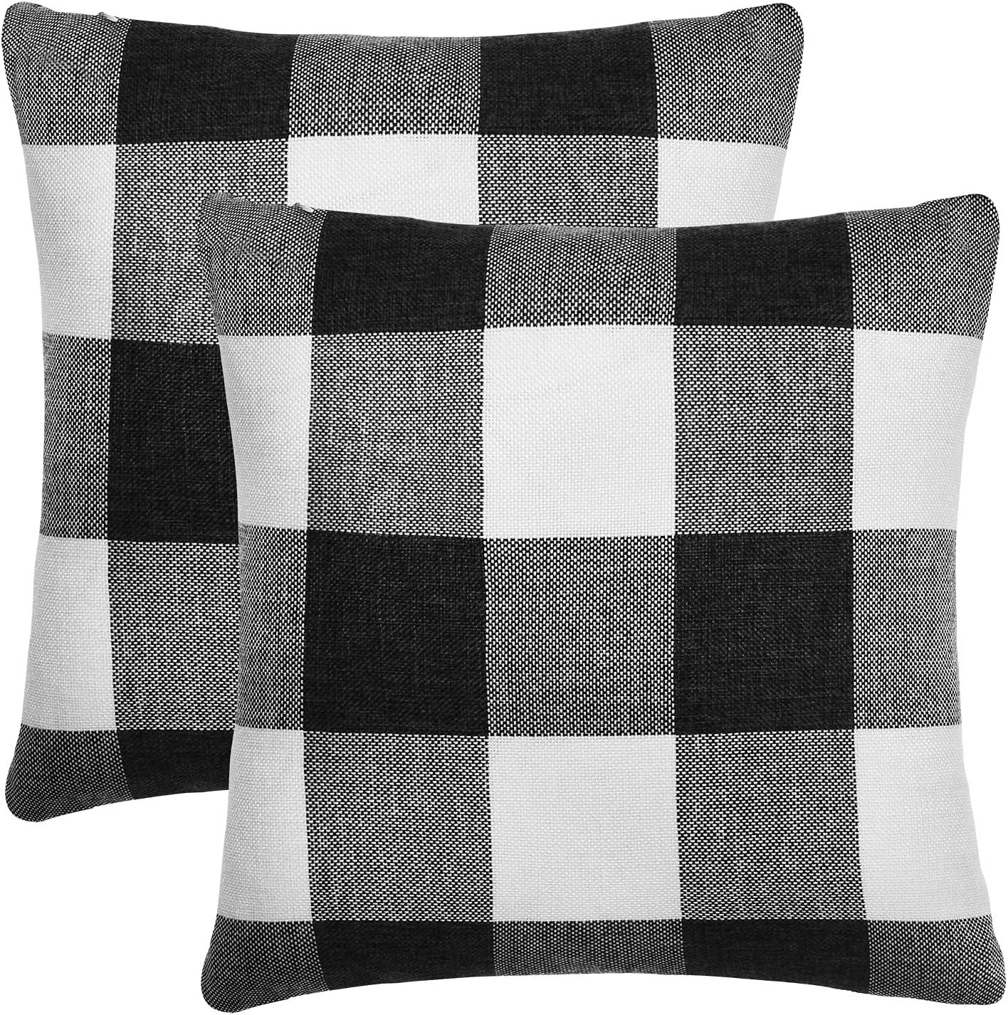 Set of 2 Plaid Halloween Pillow Covers, Farmhouse Pillow Cases Cotton Linen Throw Pillow Cover Cushion Case for Home Decor Car Bed Sofa Couch (18" x 18", 2 Pack Orange & Black)