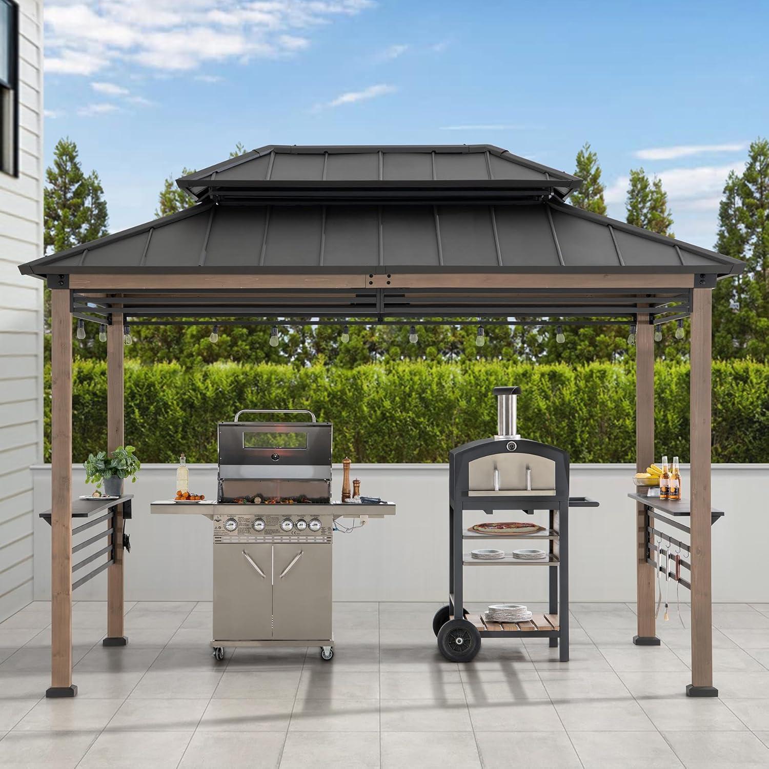 Sunjoy Sunjoy Wooden Grill Gazebo with AC Power Port, 8 x 12 ft. Steel Hardtop Outdoor Gazebo for Year-Round Grilling, Cedar Framed Gazebo with Built-in Electrical Outlets and Decorative Fence