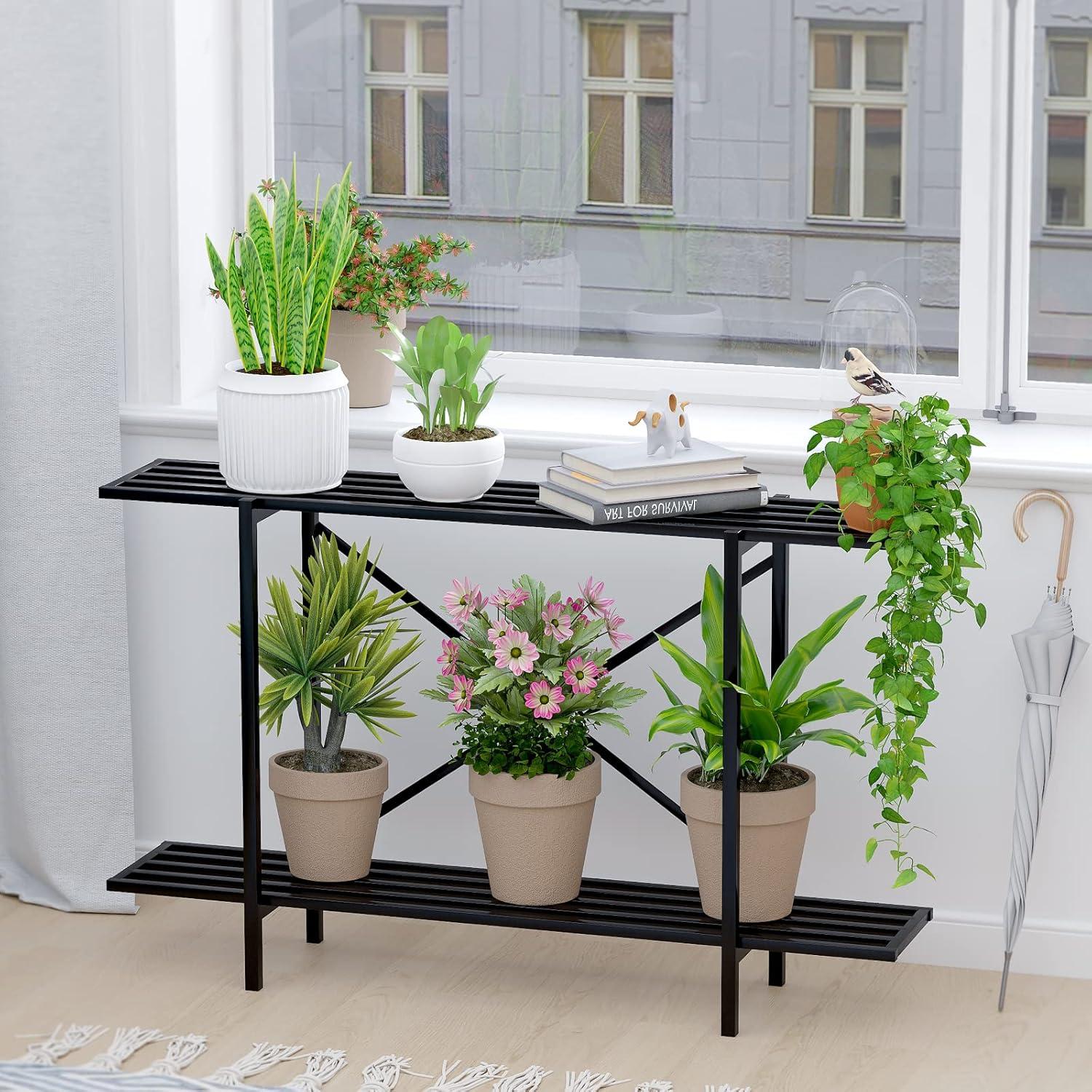 Black Powder Coated 2-Tier Metal Plant Stand with Wheels