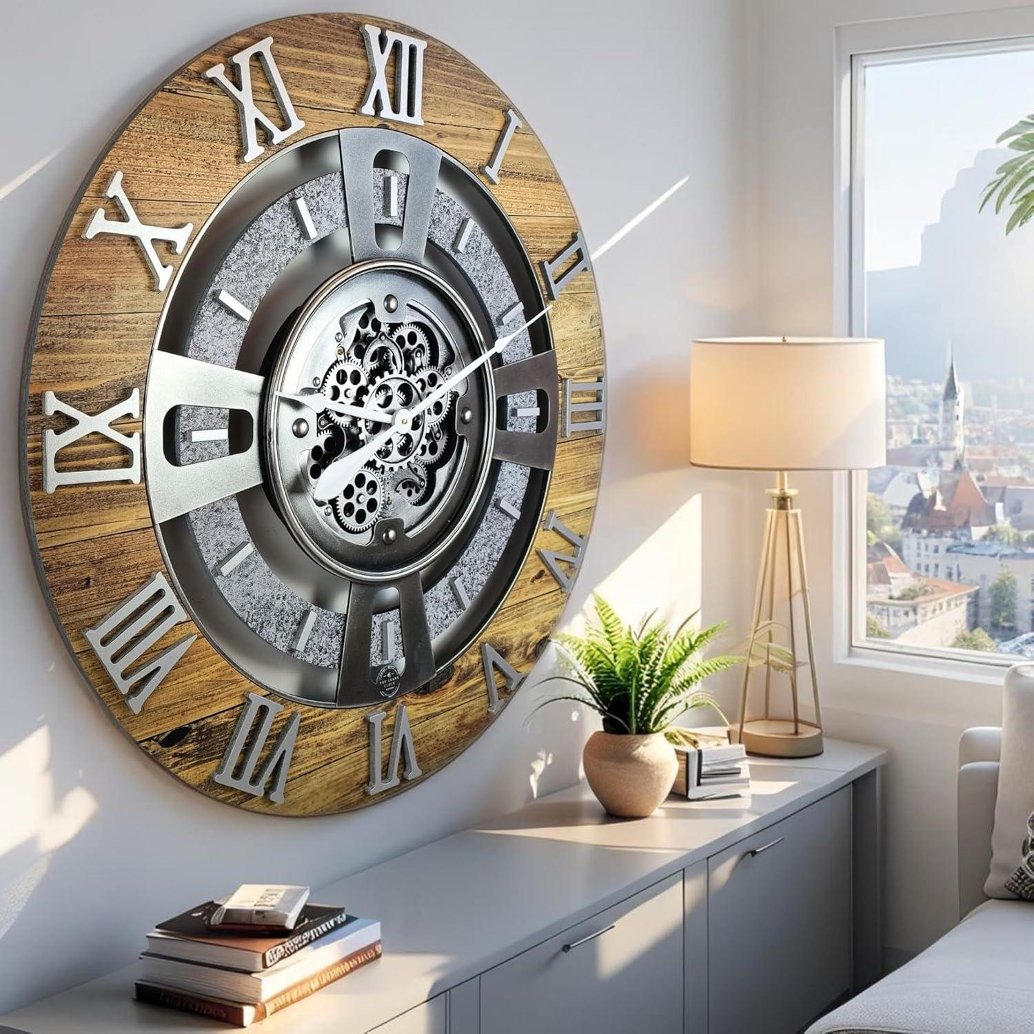 The Gears Clock Wall Clock 36" Oversized for Living Room decor with Real Moving Gears England Collection
